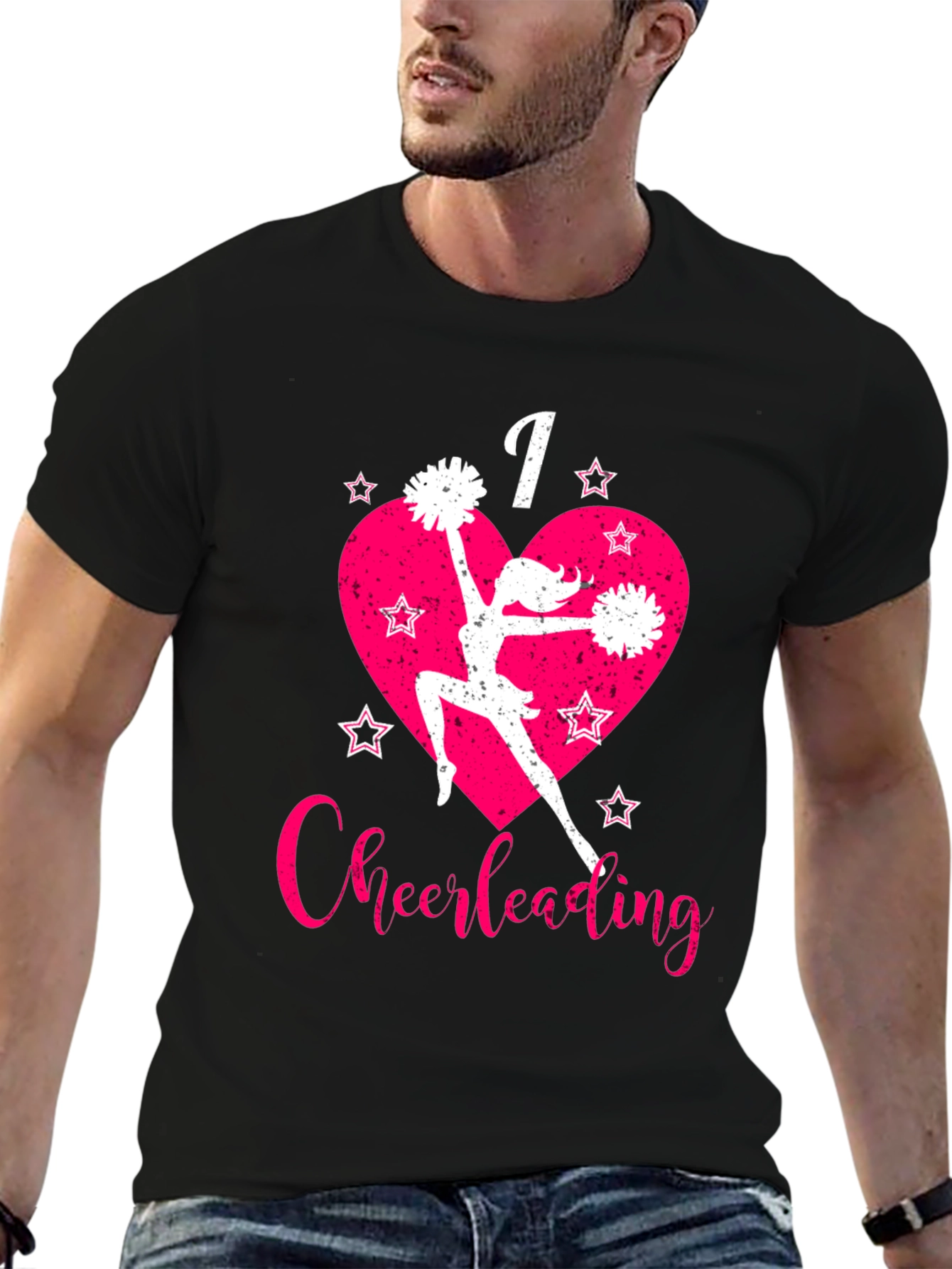 I Love Cheerleading T-Shirt Pink Heart and Stars