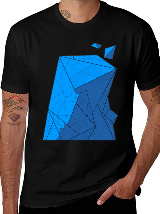 Abstract Blue Geometric Print Black T-Shirt