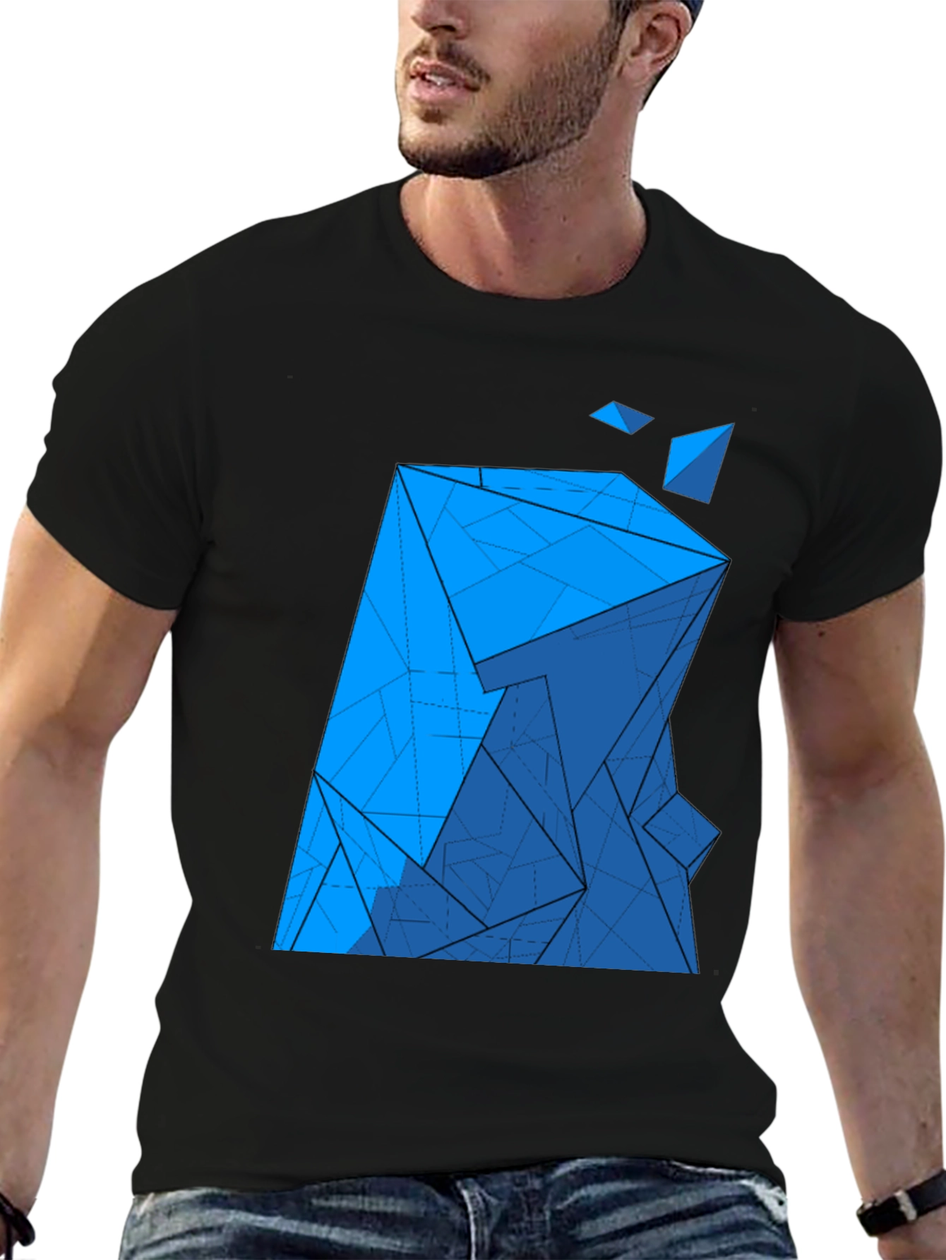 Abstract Blue Geometric Print Black T-Shirt
