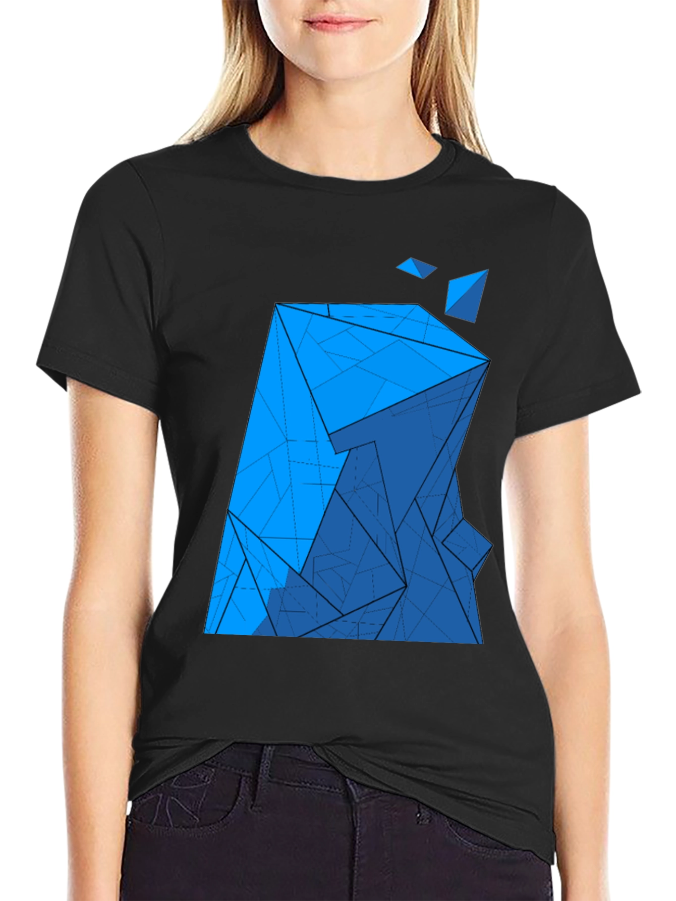 Abstract Blue Geometric Print Black T-Shirt