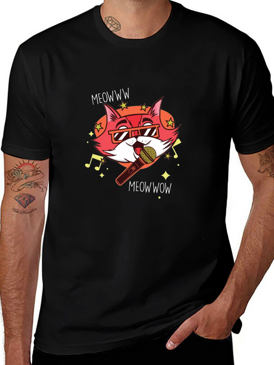Singing Cat Graphic Tee - Black Cotton T-Shirt