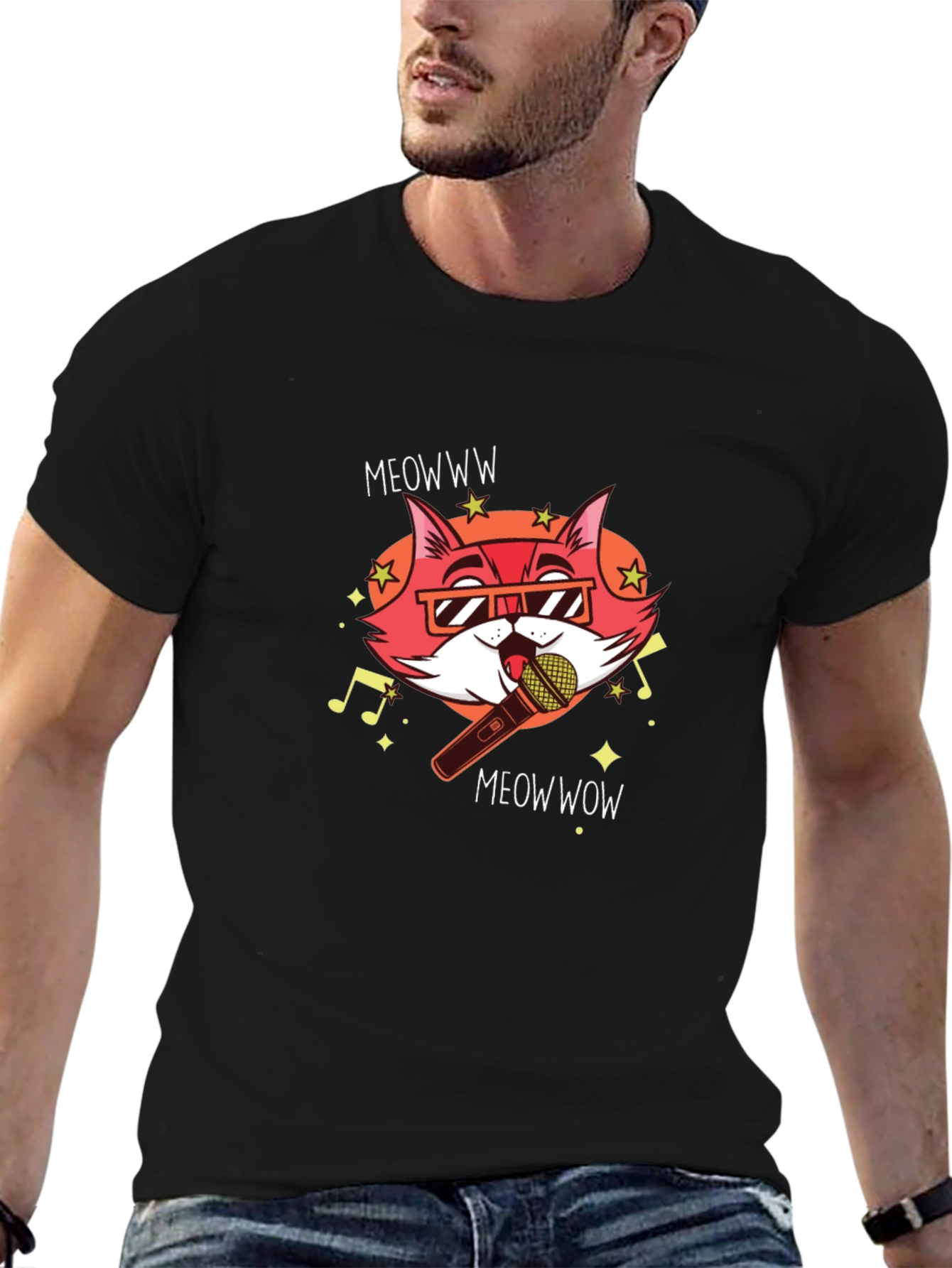 Singing Cat Graphic Tee - Black Cotton T-Shirt