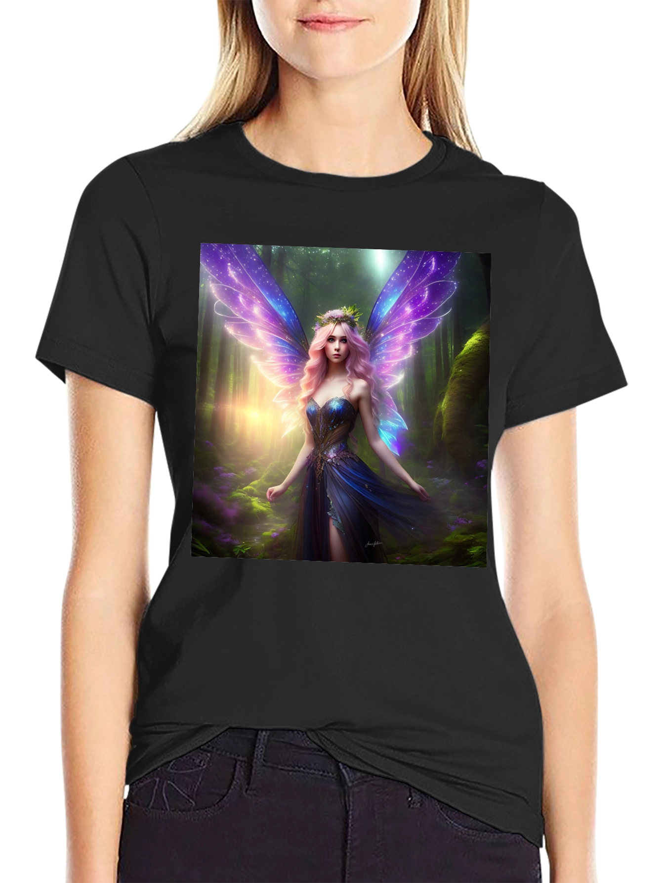 Fantasy Fairy Print Black Tee
