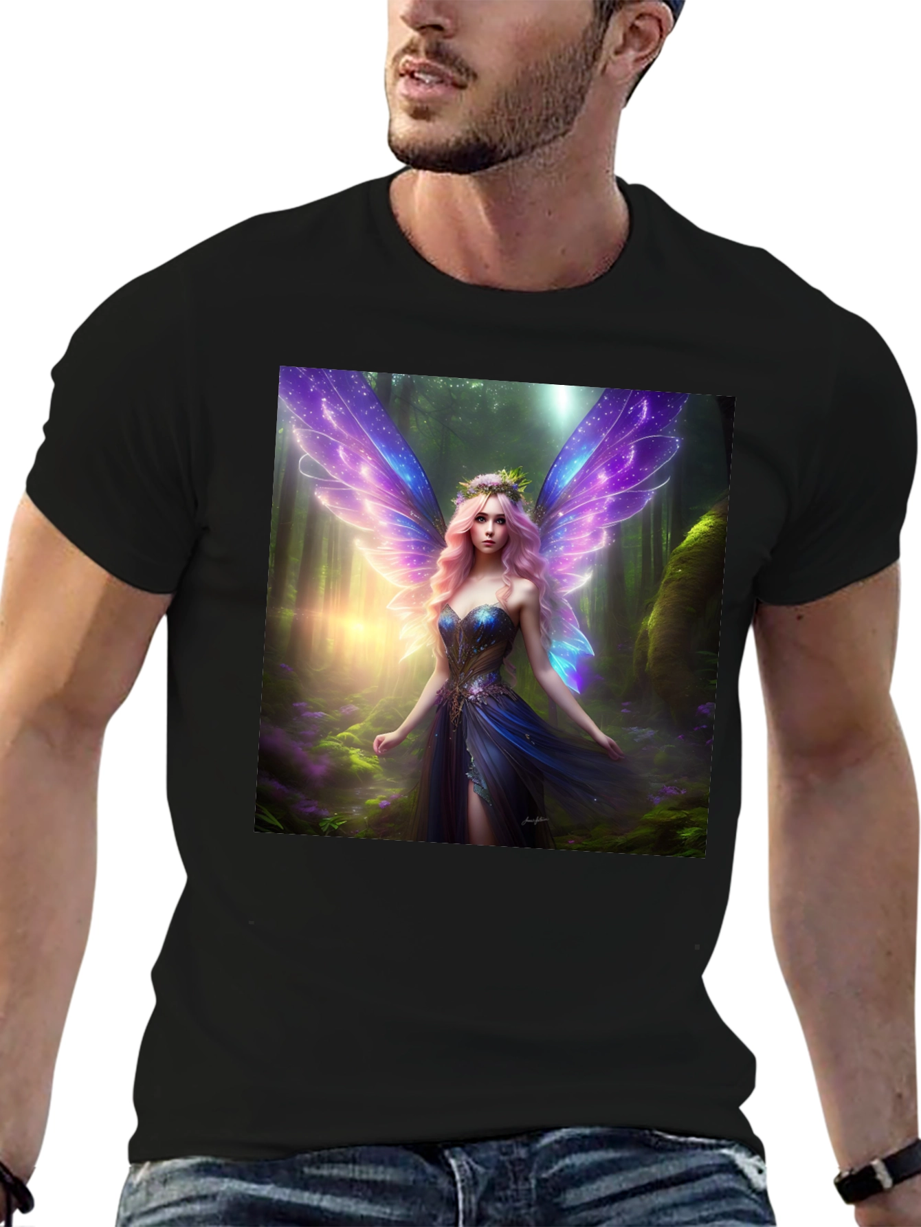 Fantasy Fairy Print Black Tee