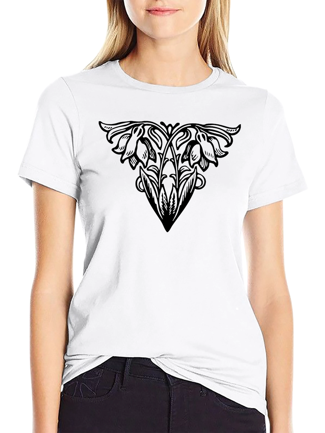 Elegant Floral Print Black T-Shirt