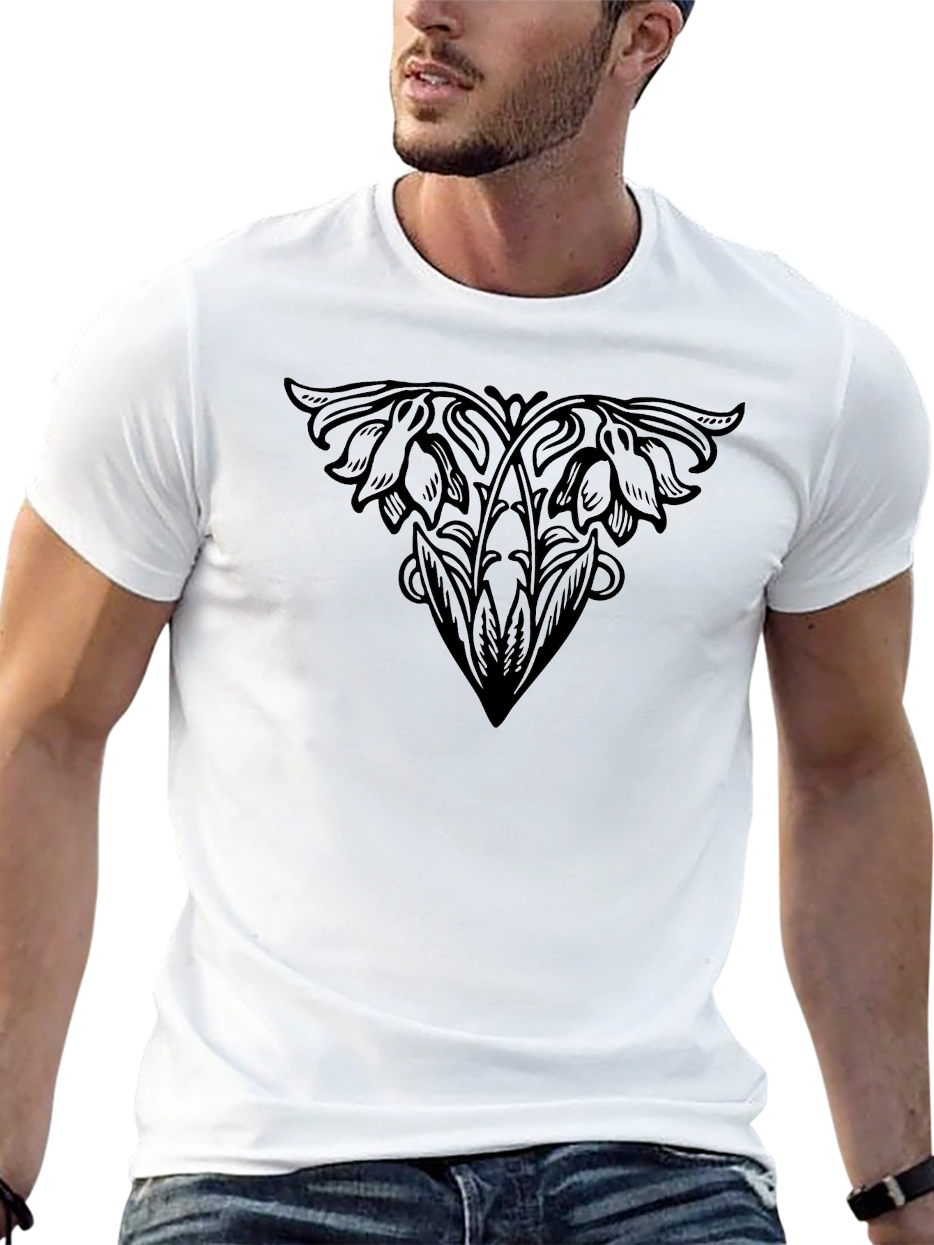 Elegant Floral Print Black T-Shirt