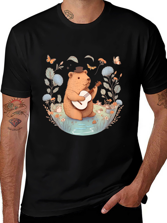 Whimsical Bear Guitarist T-Shirt - Nature Inspired Design