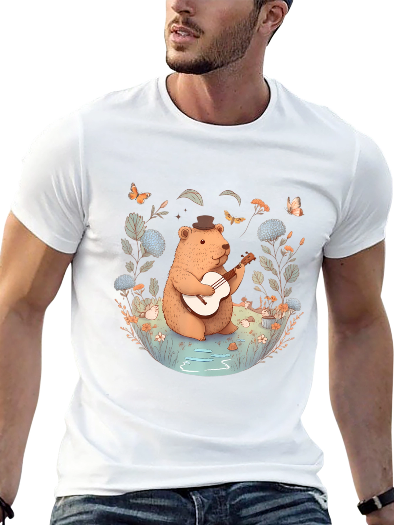Whimsical Bear Guitarist T-Shirt - Nature Inspired Design