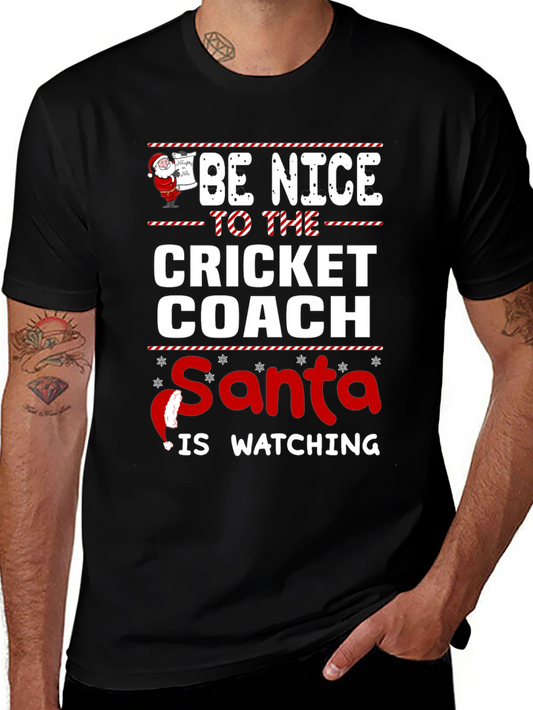 Funny Christmas Cricket Coach T-Shirt Santa Watching