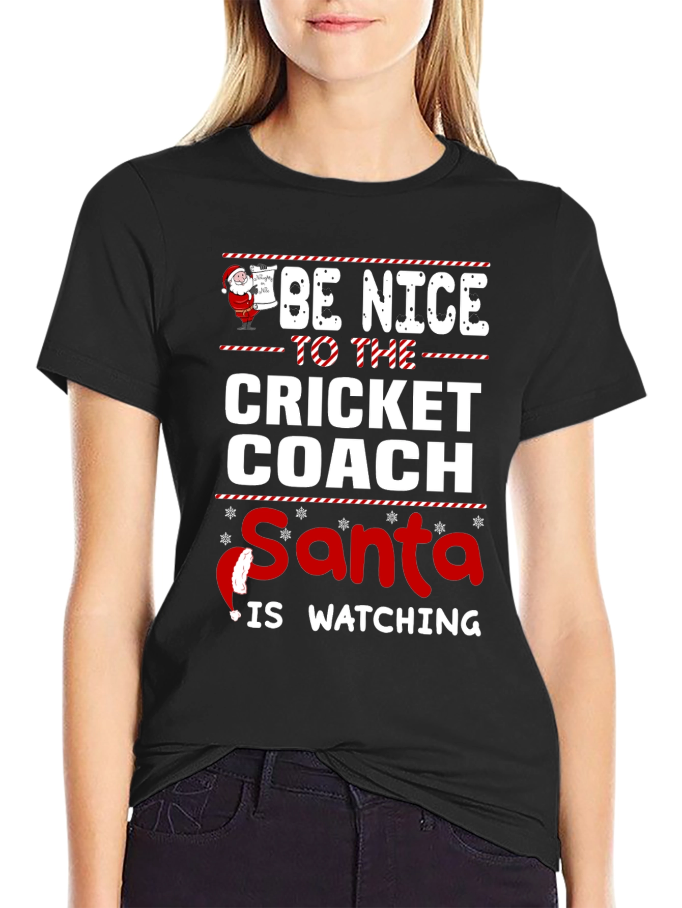 Funny Christmas Cricket Coach T-Shirt Santa Watching