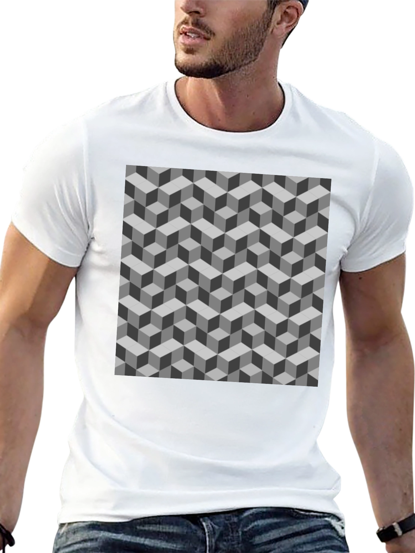 Geometric Cube Pattern Tee - Optical Illusion Design