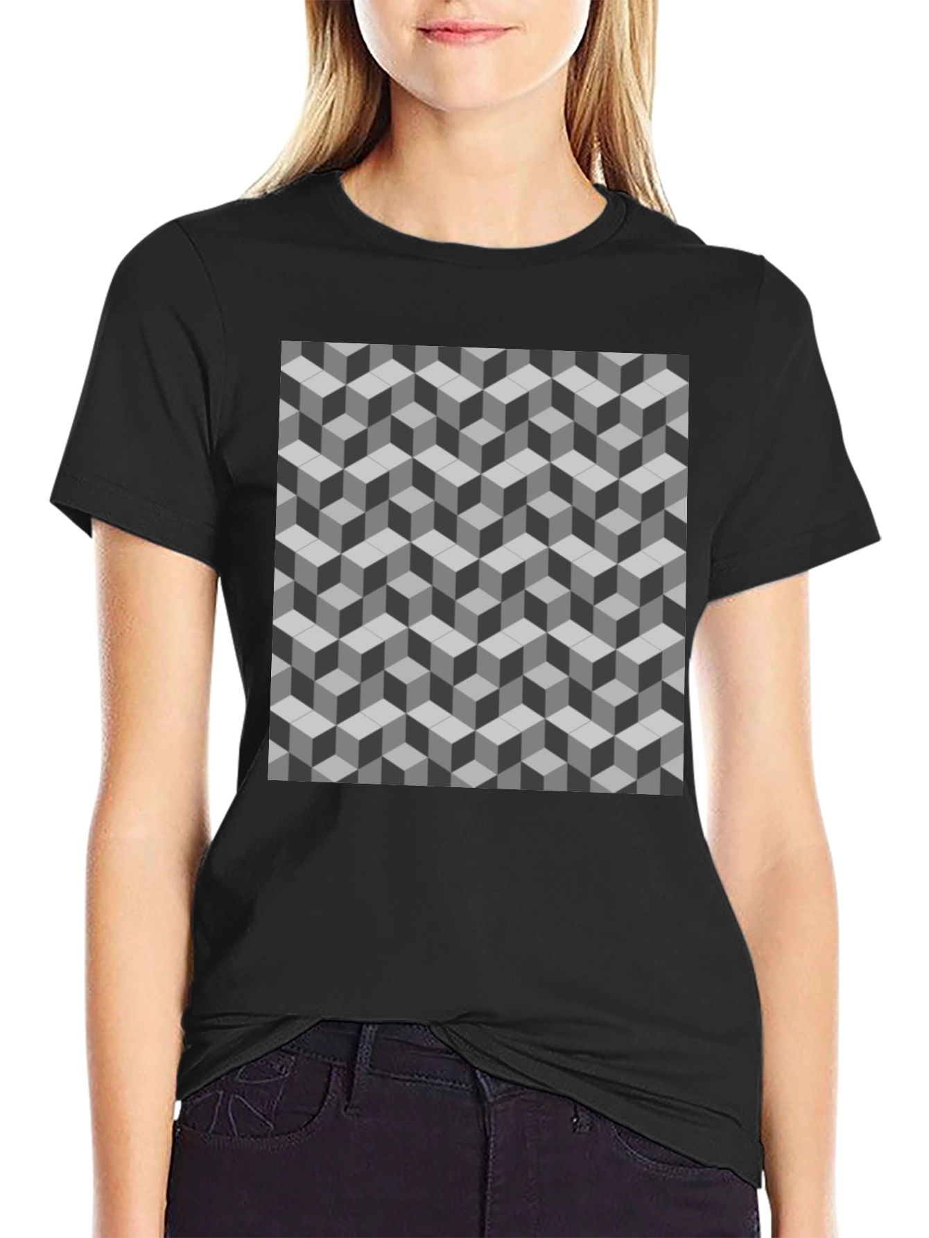 Geometric Cube Pattern Tee - Optical Illusion Design