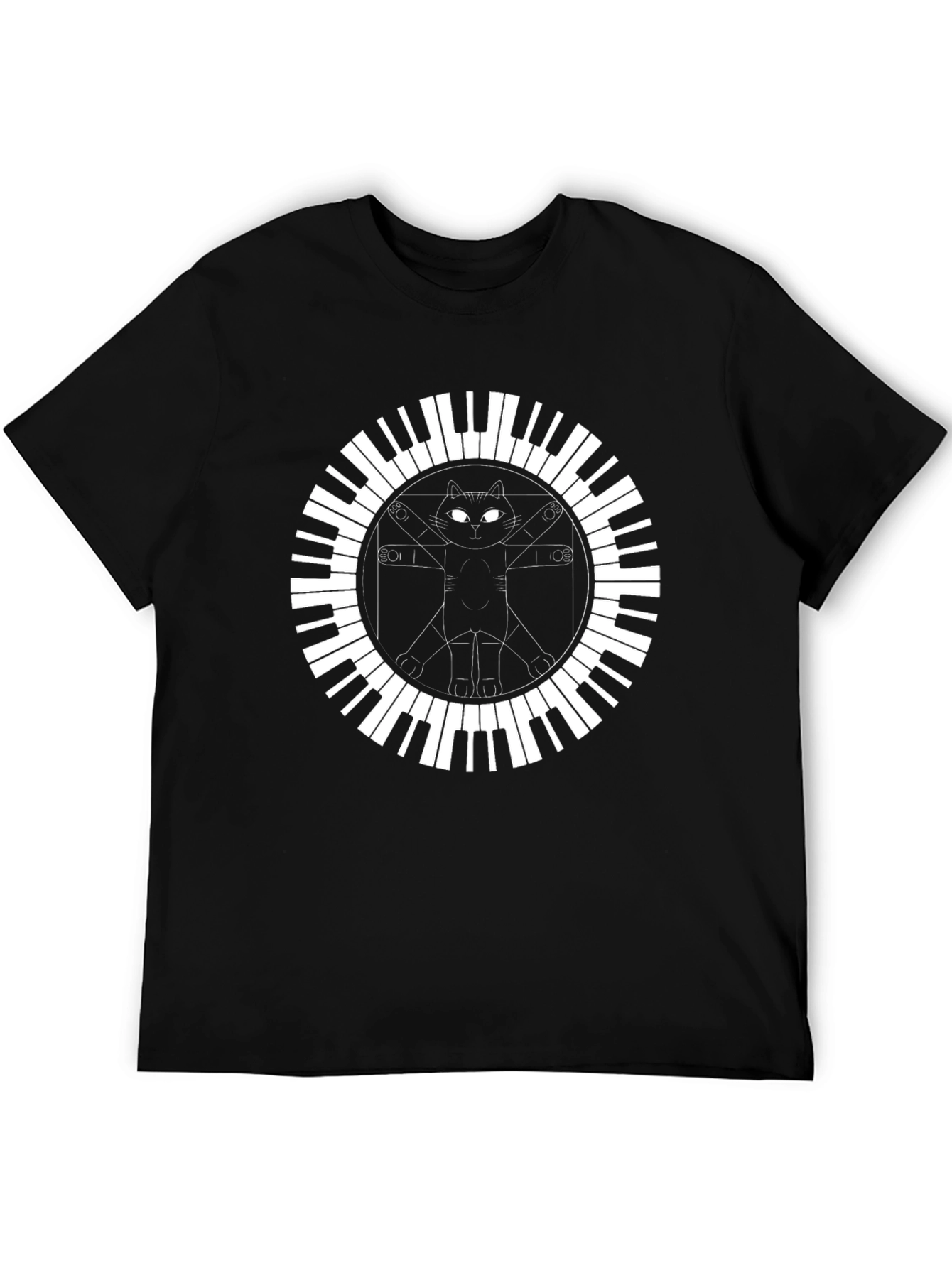 Cat Vitruvian Man Piano Keys Black T-Shirt