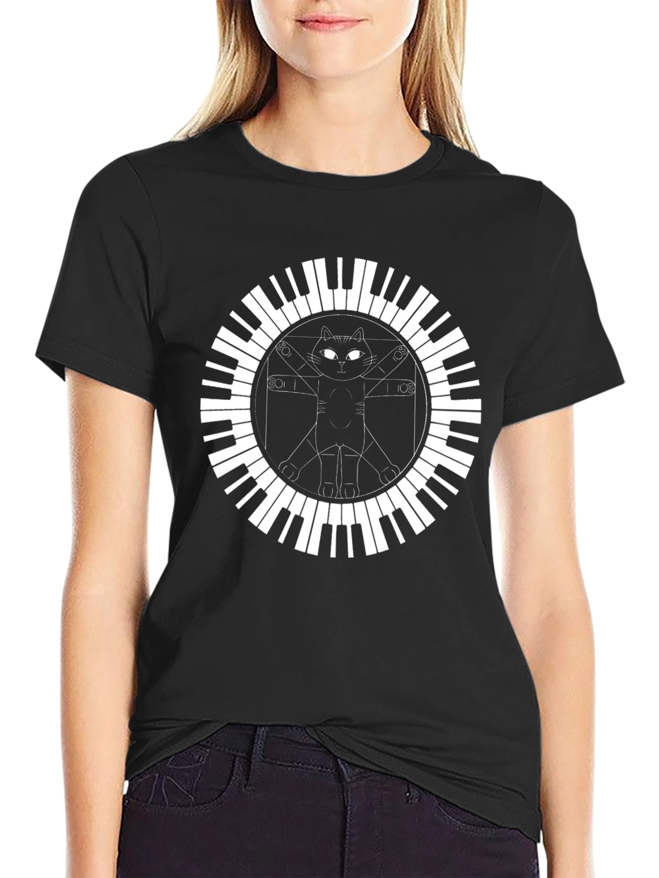 Cat Vitruvian Man Piano Keys Black T-Shirt