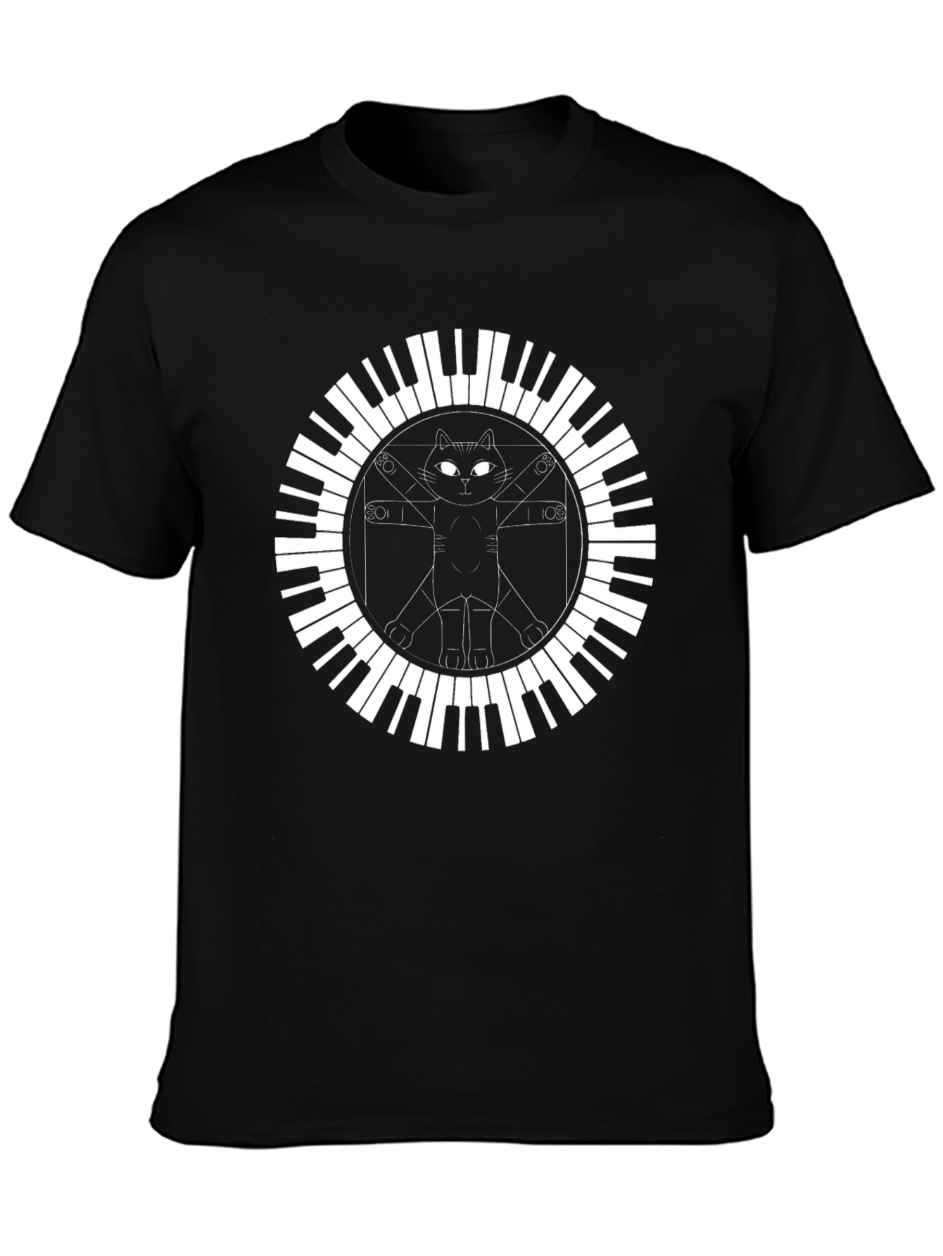 Cat Vitruvian Man Piano Keys Black T-Shirt