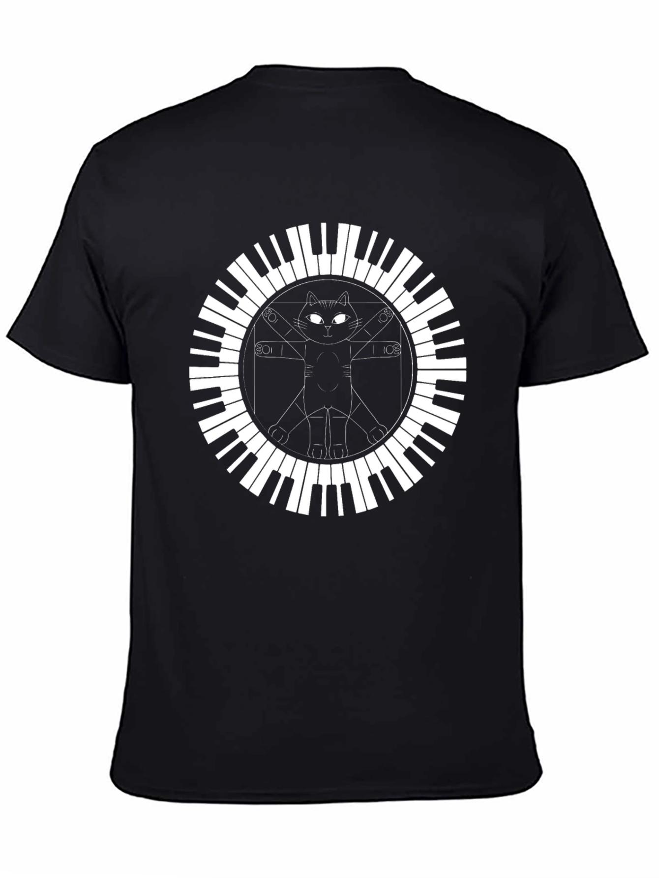 Cat Vitruvian Man Piano Keys Black T-Shirt