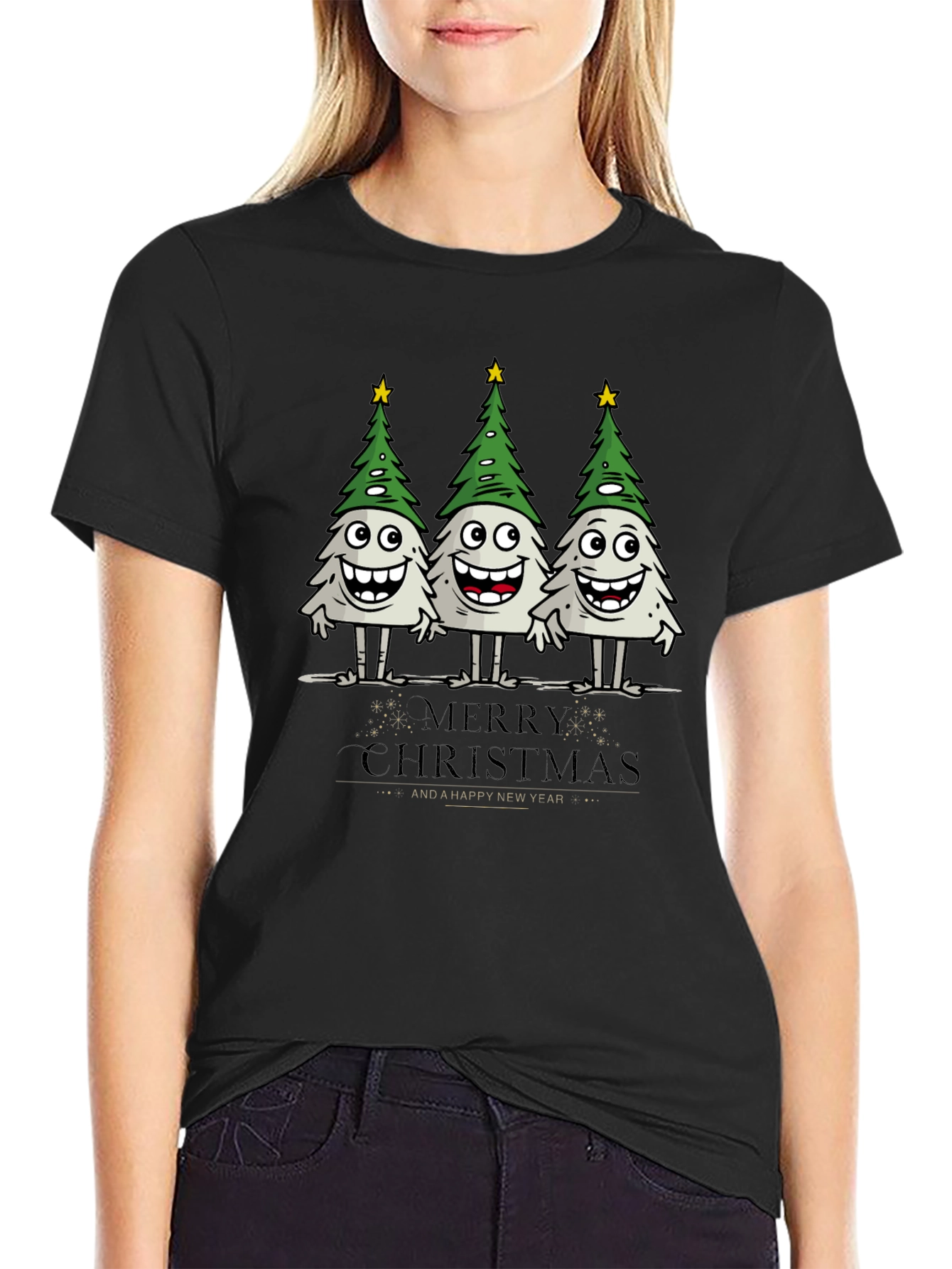 Funny Christmas Trees Graphic Black T-Shirt