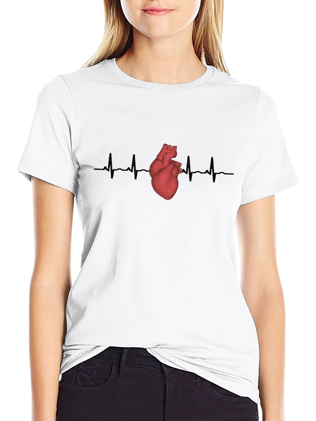 Heartbeat Anatomical Heart Graphic Tee - Black Cotton