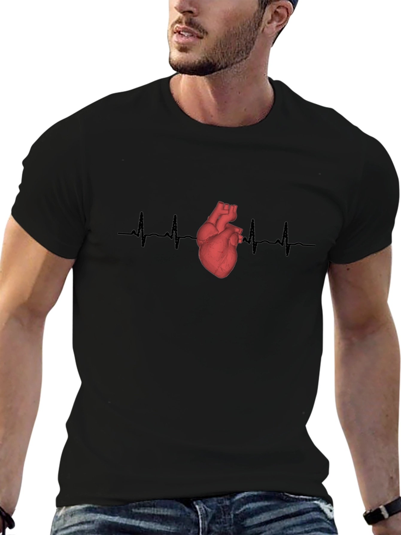 Heartbeat Anatomical Heart Graphic Tee - Black Cotton