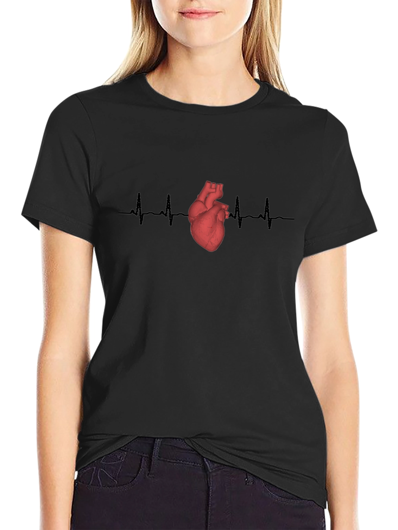 Heartbeat Anatomical Heart Graphic Tee - Black Cotton