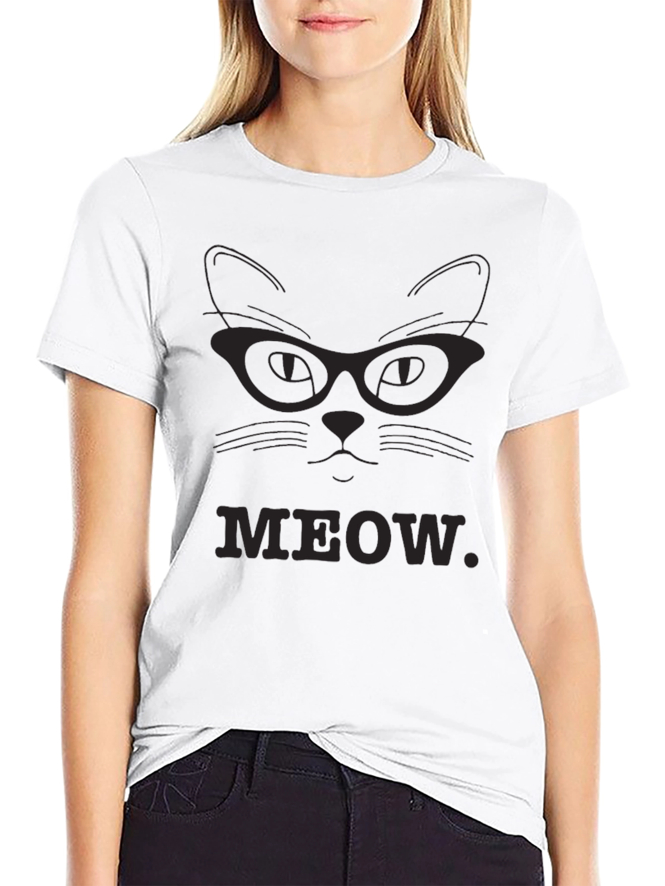 Meow Cat Glasses T-Shirt - Black
