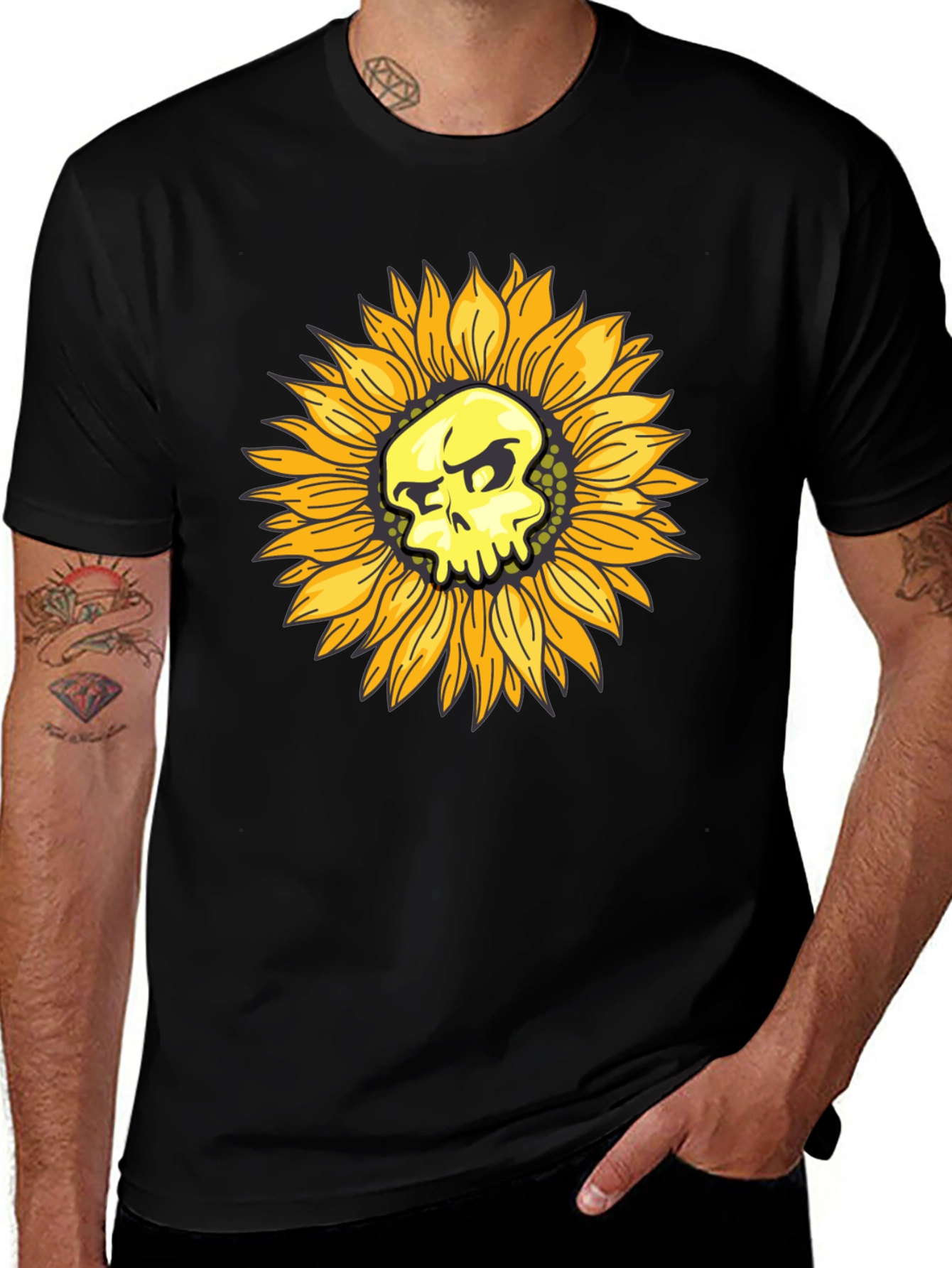 Skull Sunflower Graphic Black T-Shirt