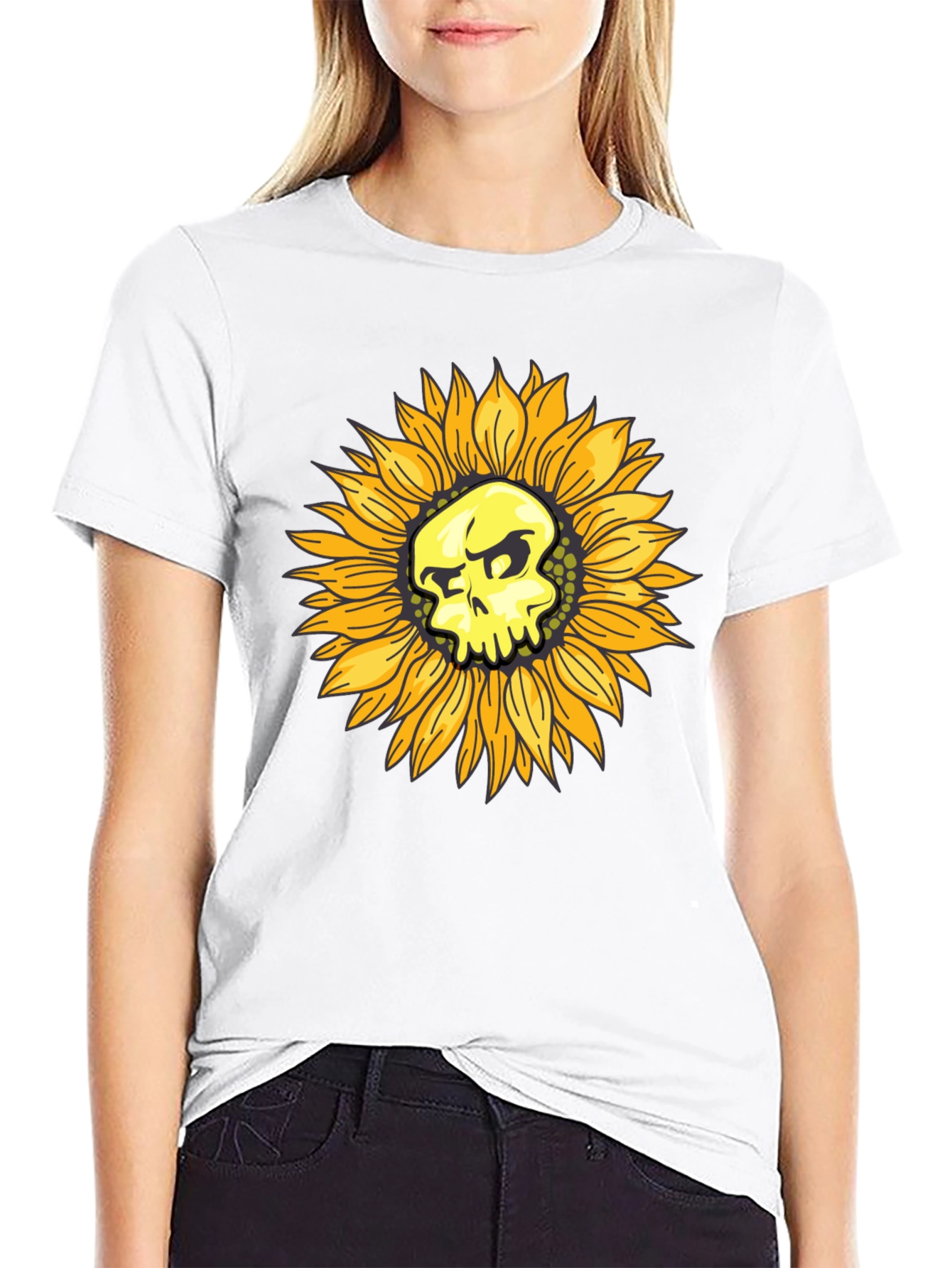 Skull Sunflower Graphic Black T-Shirt