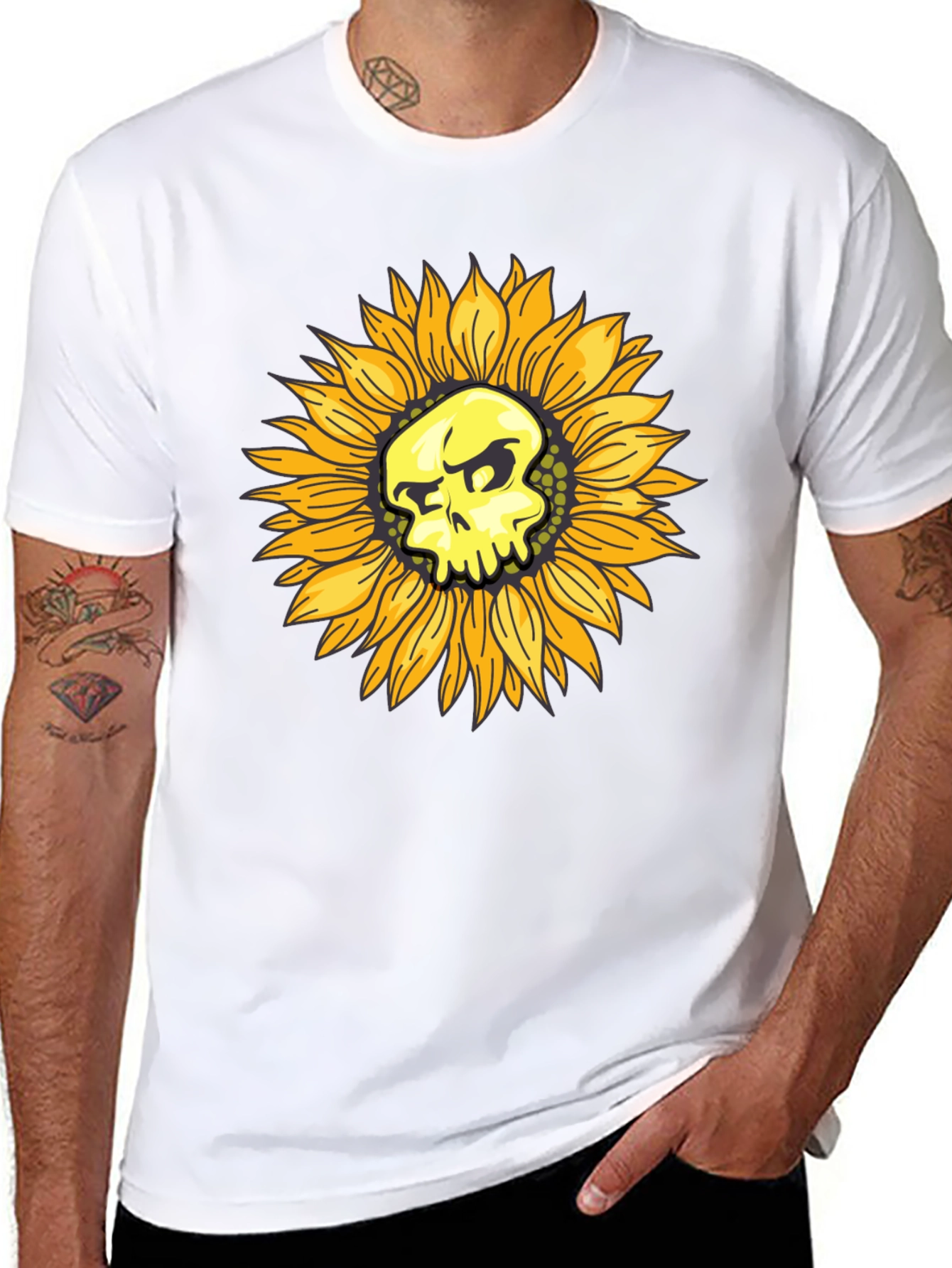 Skull Sunflower Graphic Black T-Shirt
