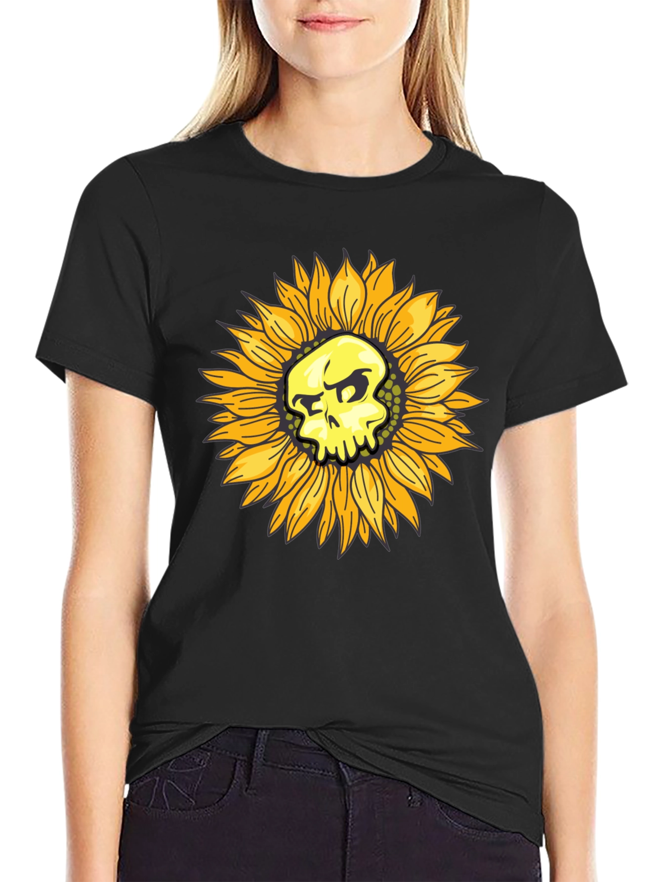 Skull Sunflower Graphic Black T-Shirt