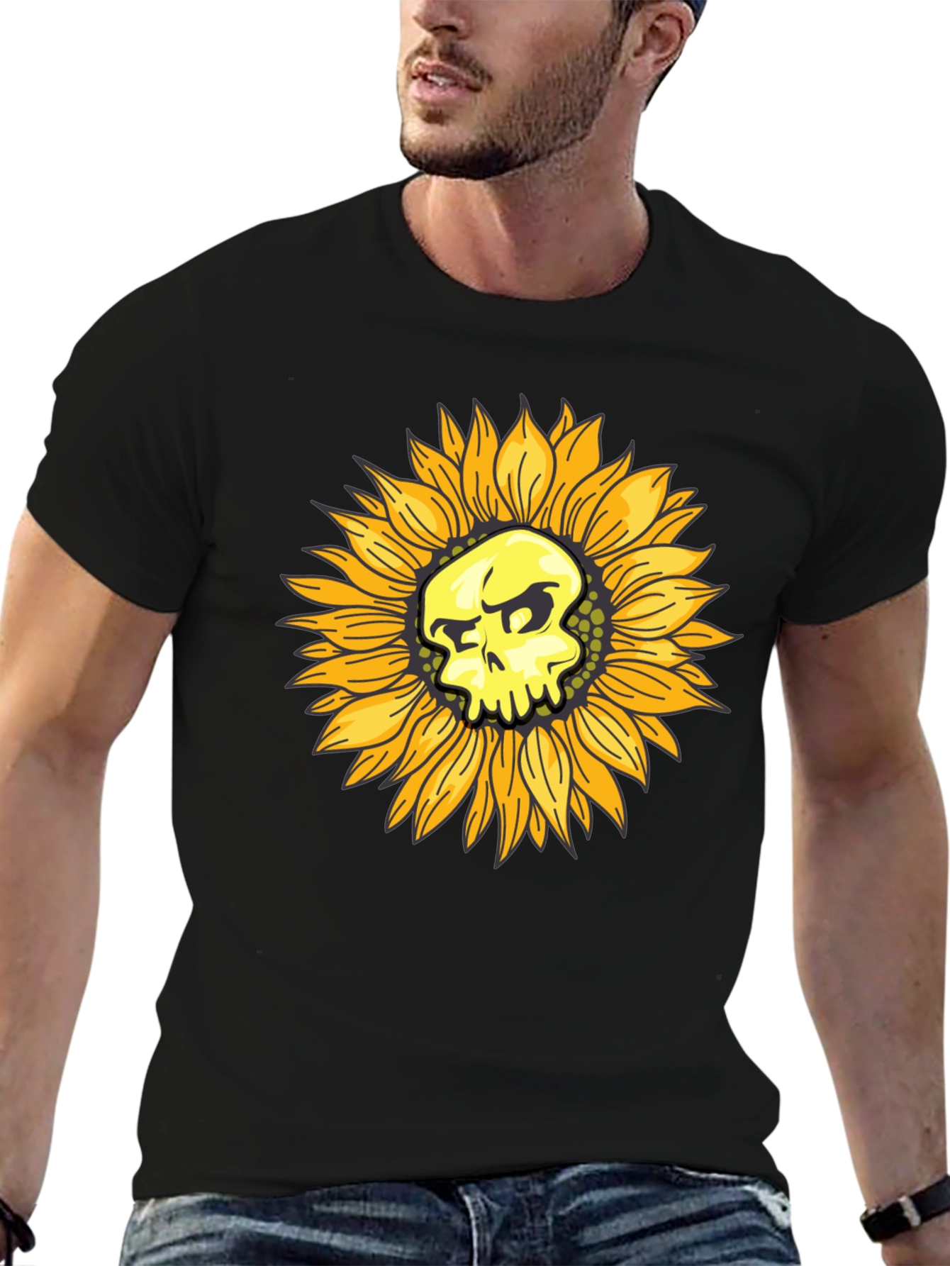 Skull Sunflower Graphic Black T-Shirt