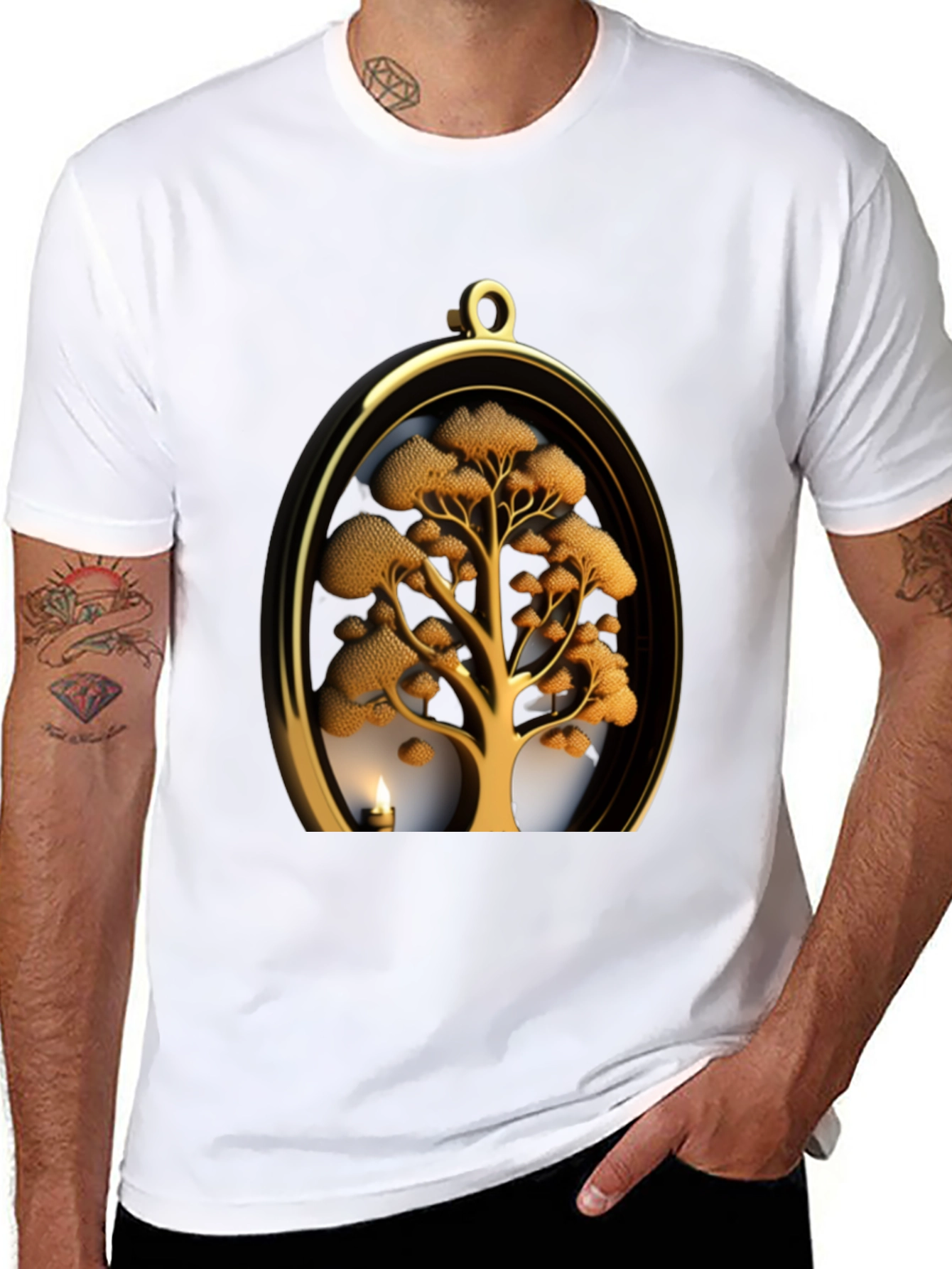 Golden Tree Pendant Graphic Black T-Shirt