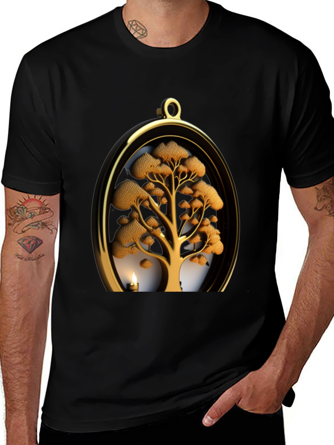Golden Tree Pendant Graphic Black T-Shirt