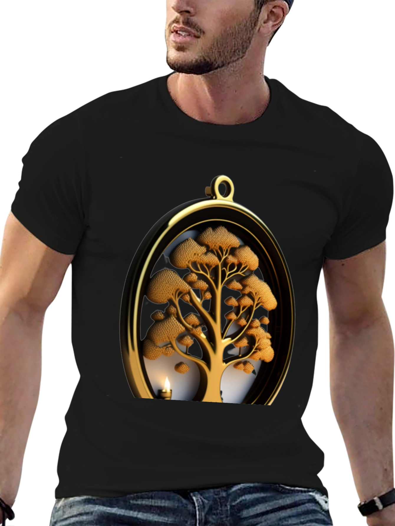Golden Tree Pendant Graphic Black T-Shirt