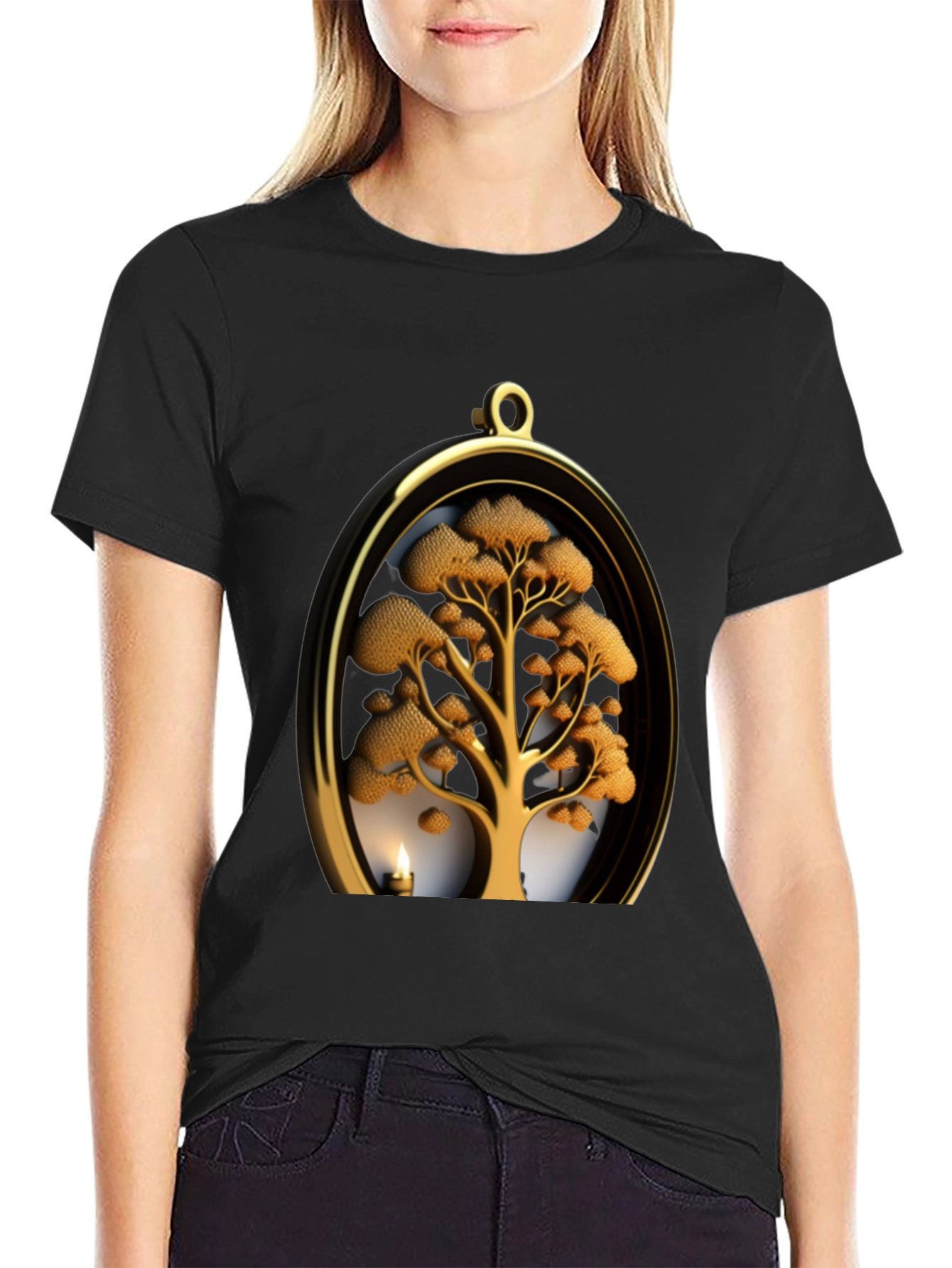 Golden Tree Pendant Graphic Black T-Shirt