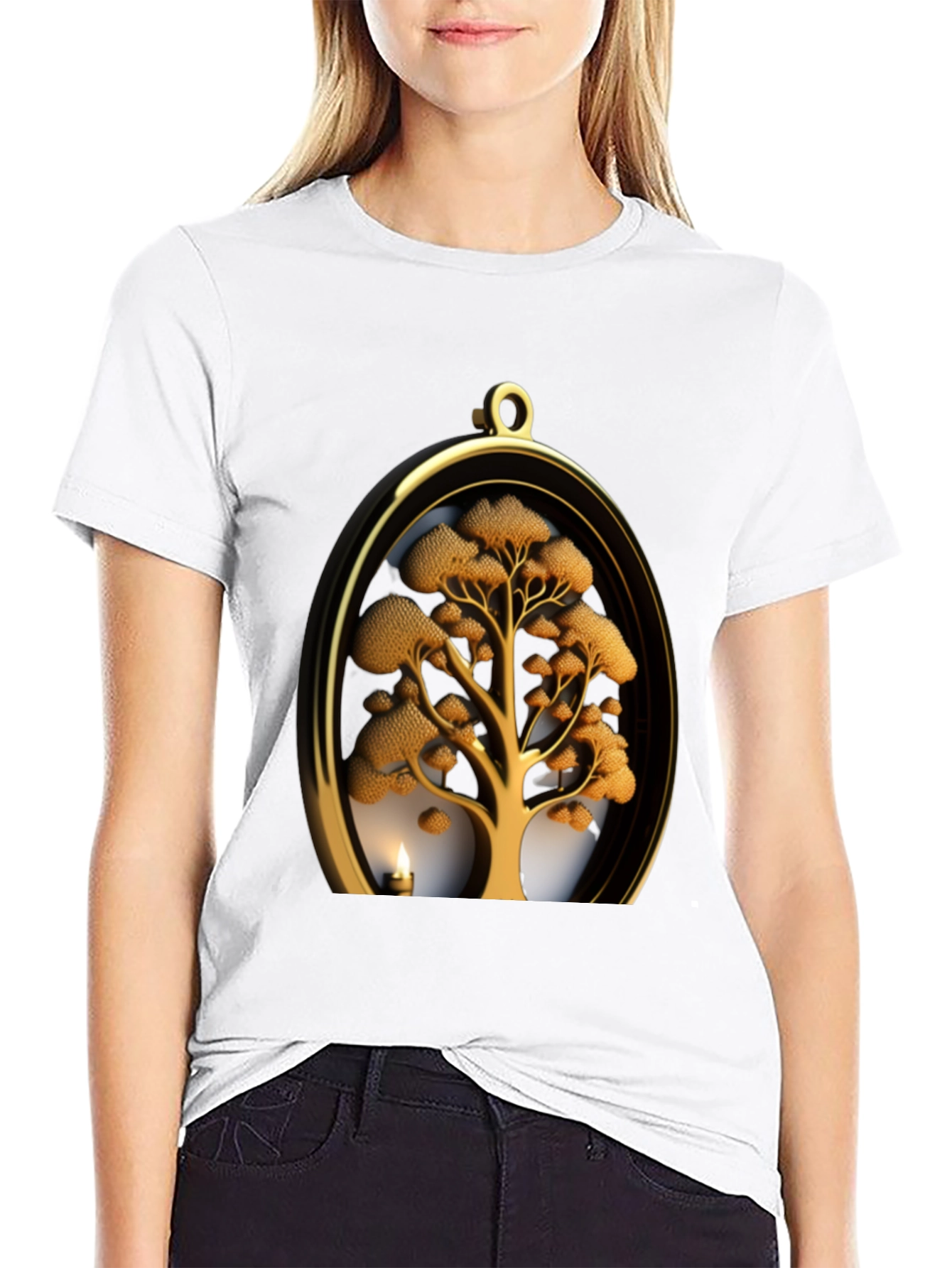 Golden Tree Pendant Graphic Black T-Shirt