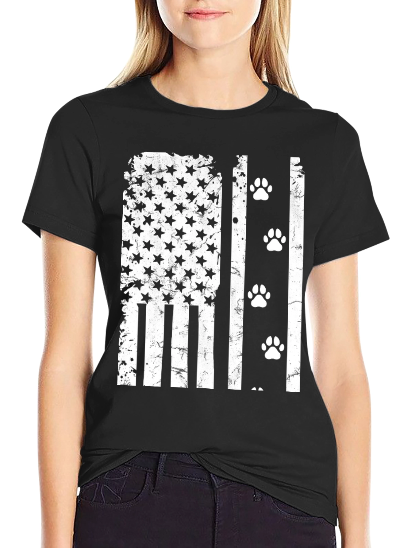 Distressed American Flag Paw Print T-Shirt