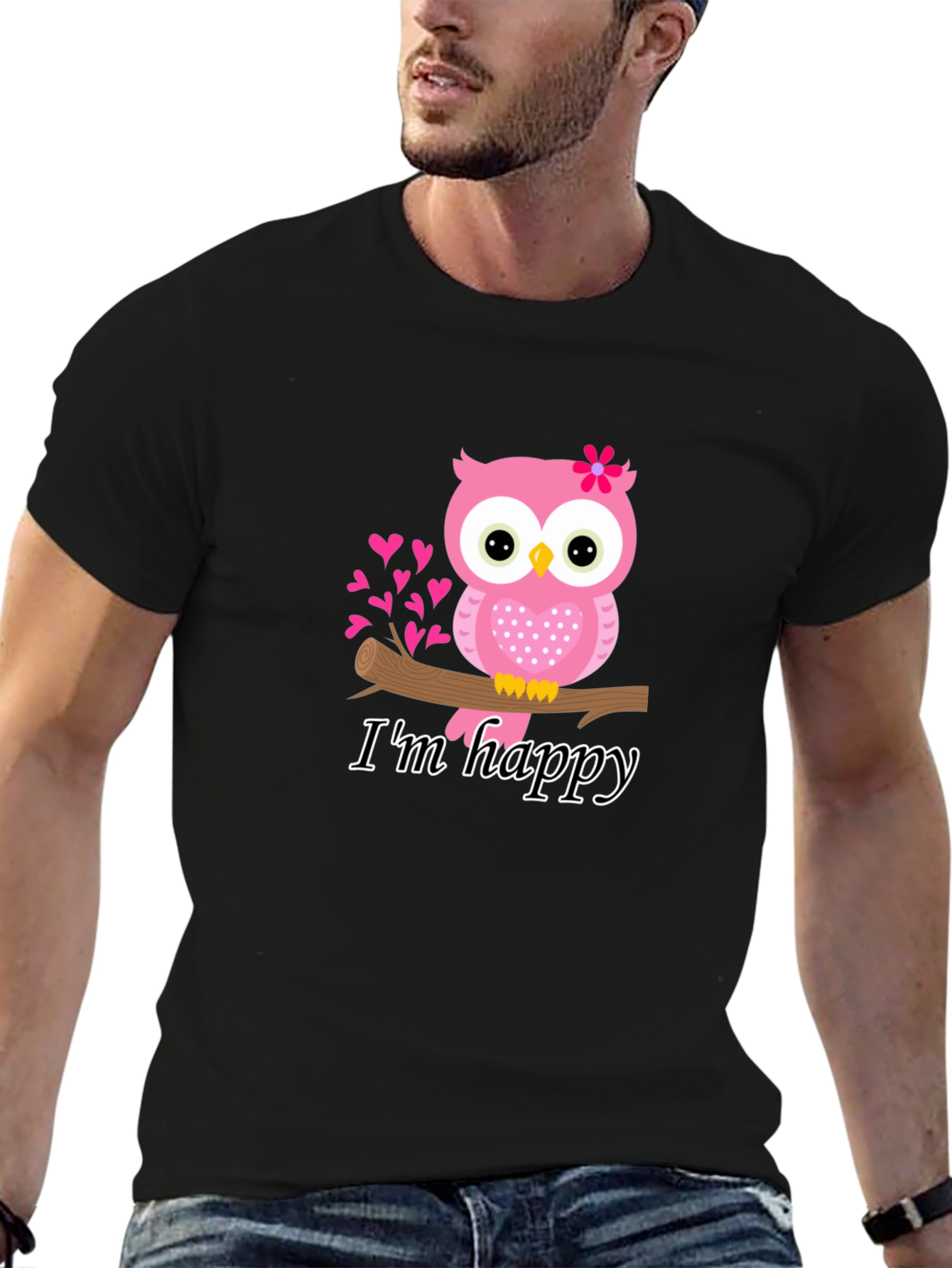 Cute Owl Im Happy Graphic Tee - Black