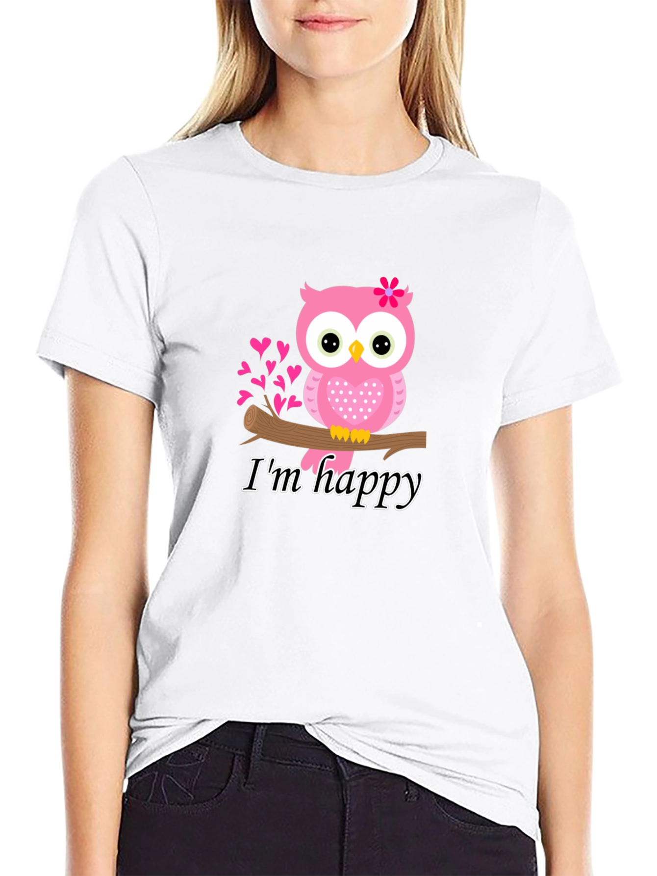 Cute Owl Im Happy Graphic Tee - Black