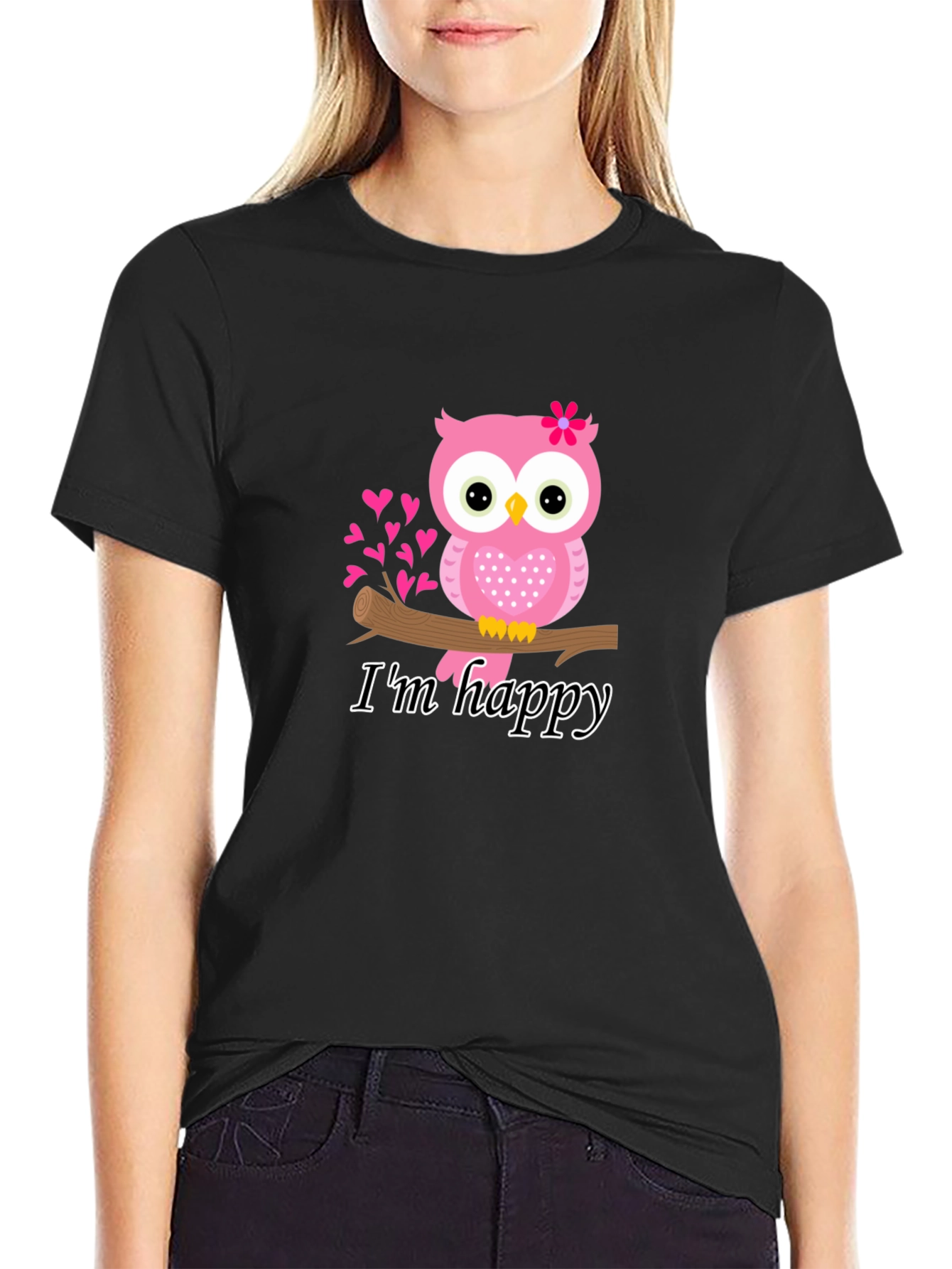 Cute Owl Im Happy Graphic Tee - Black