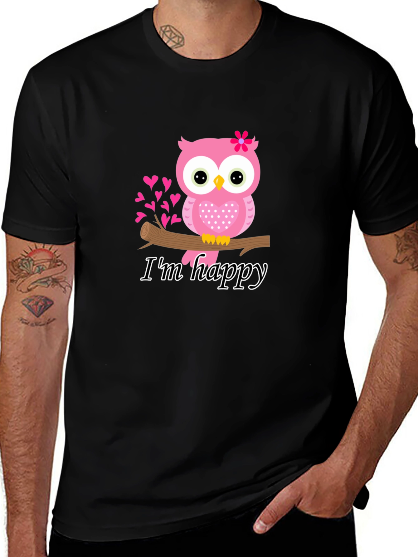 Cute Owl Im Happy Graphic Tee - Black
