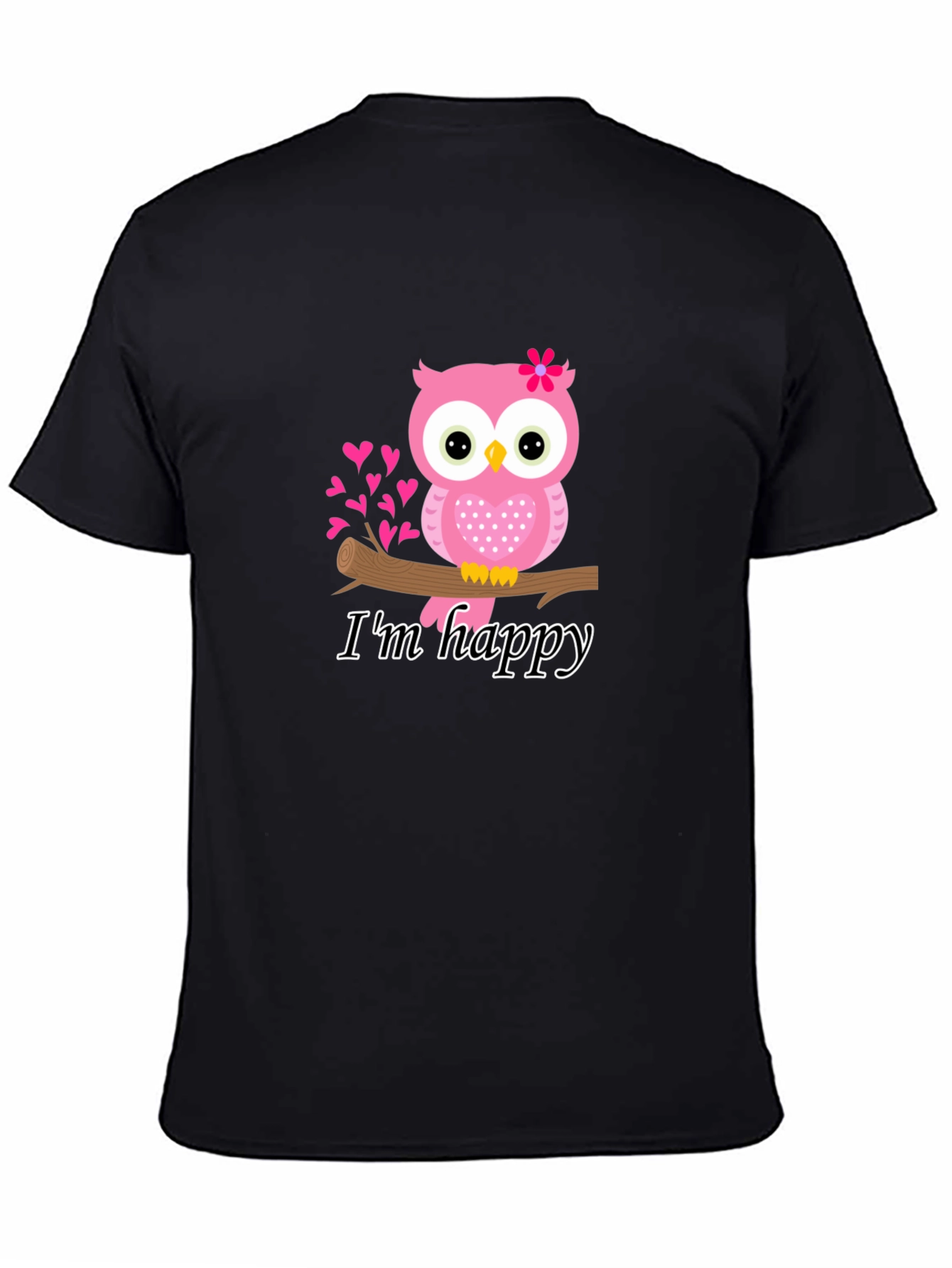 Cute Owl Im Happy Graphic Tee - Black