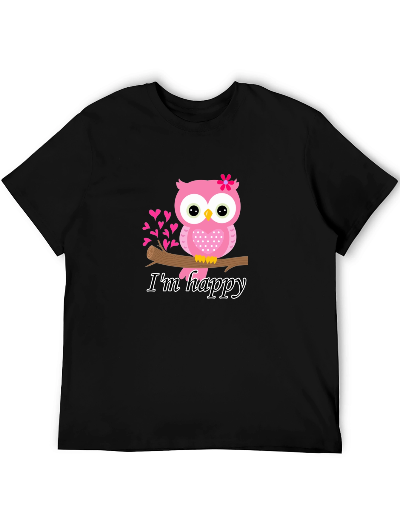 Cute Owl Im Happy Graphic Tee - Black