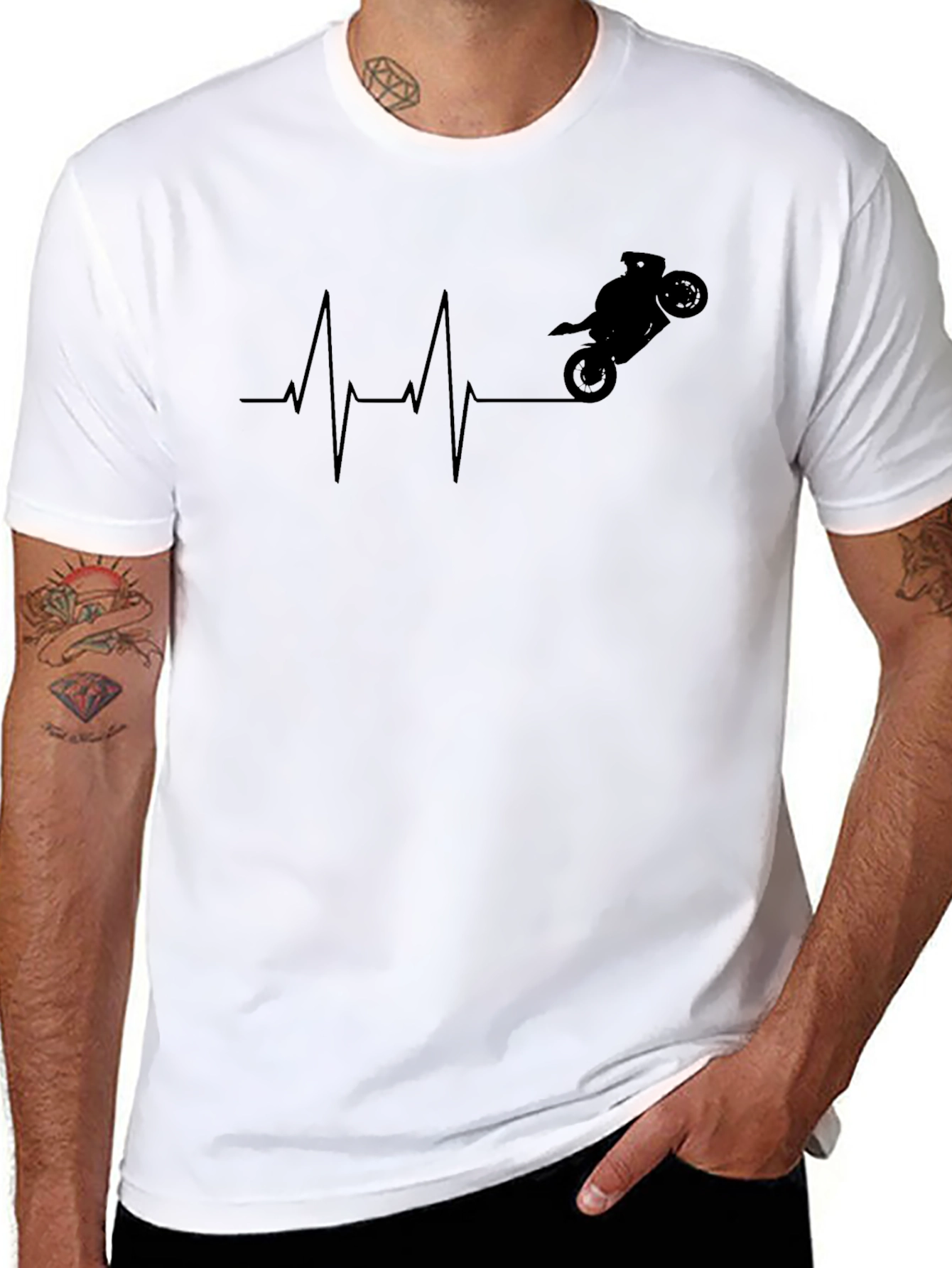 Motorcycle Heartbeat Graphic Tee - Black Cotton