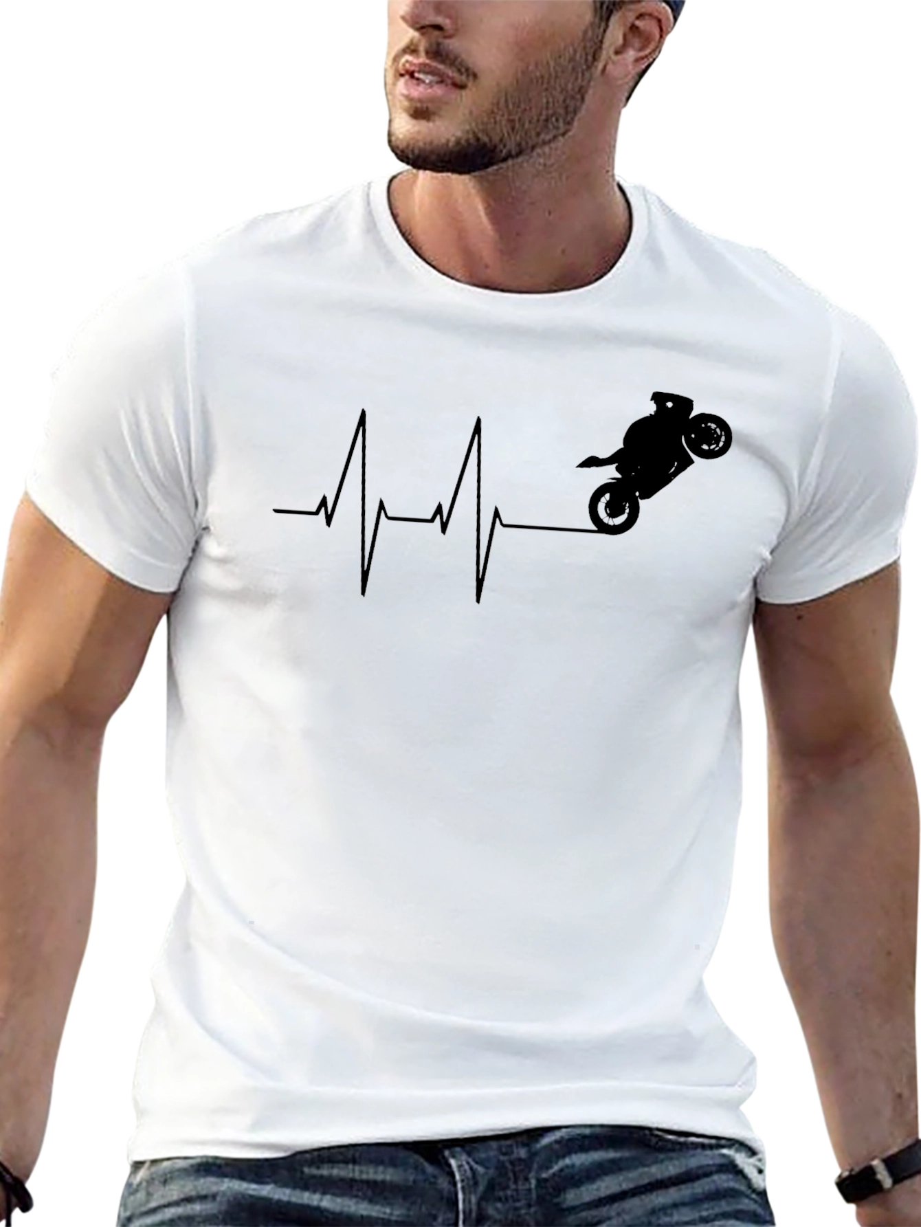 Motorcycle Heartbeat Graphic Tee - Black Cotton