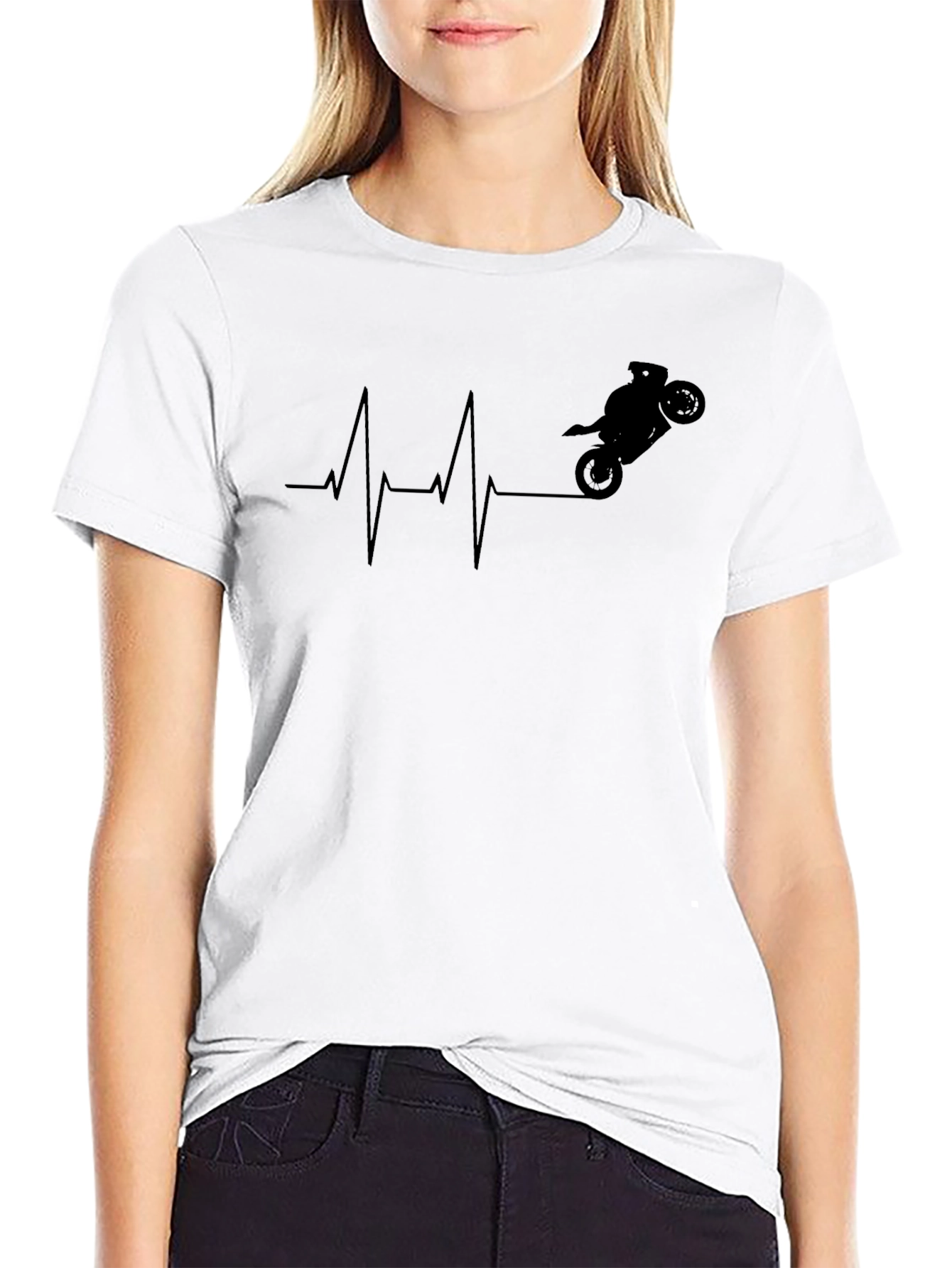 Motorcycle Heartbeat Graphic Tee - Black Cotton