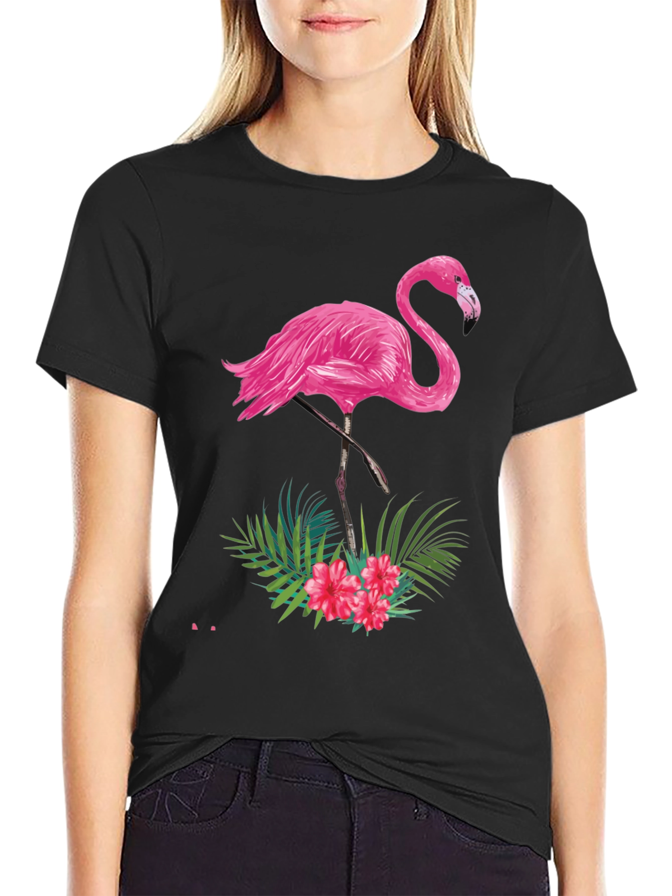 Tropical Flamingo Graphic Tee - Black