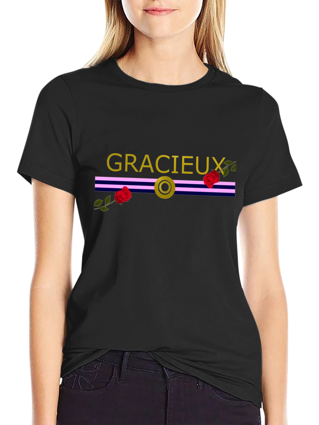 Gracieux Black Graphic Tee with Roses