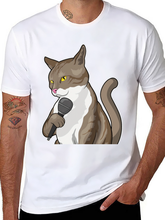 Funny Cat with Microphone Graphic T-Shirt