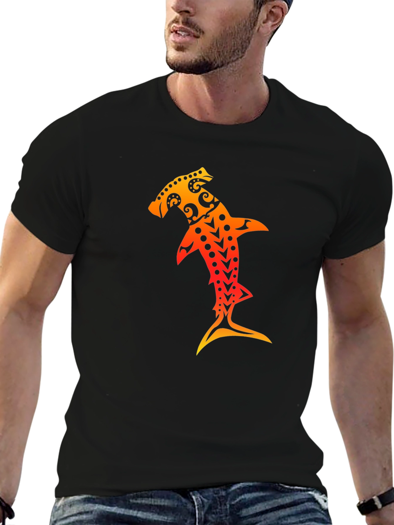 Hammerhead Shark Tribal Art Black T-Shirt