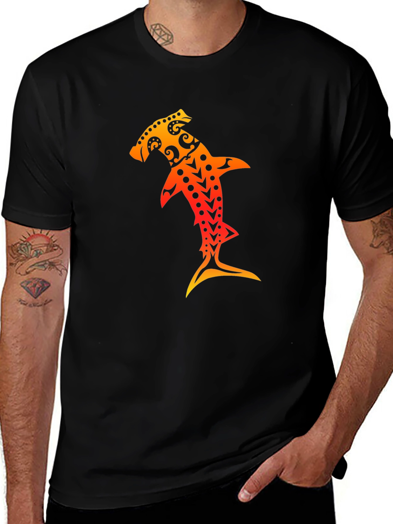 Hammerhead Shark Tribal Art Black T-Shirt